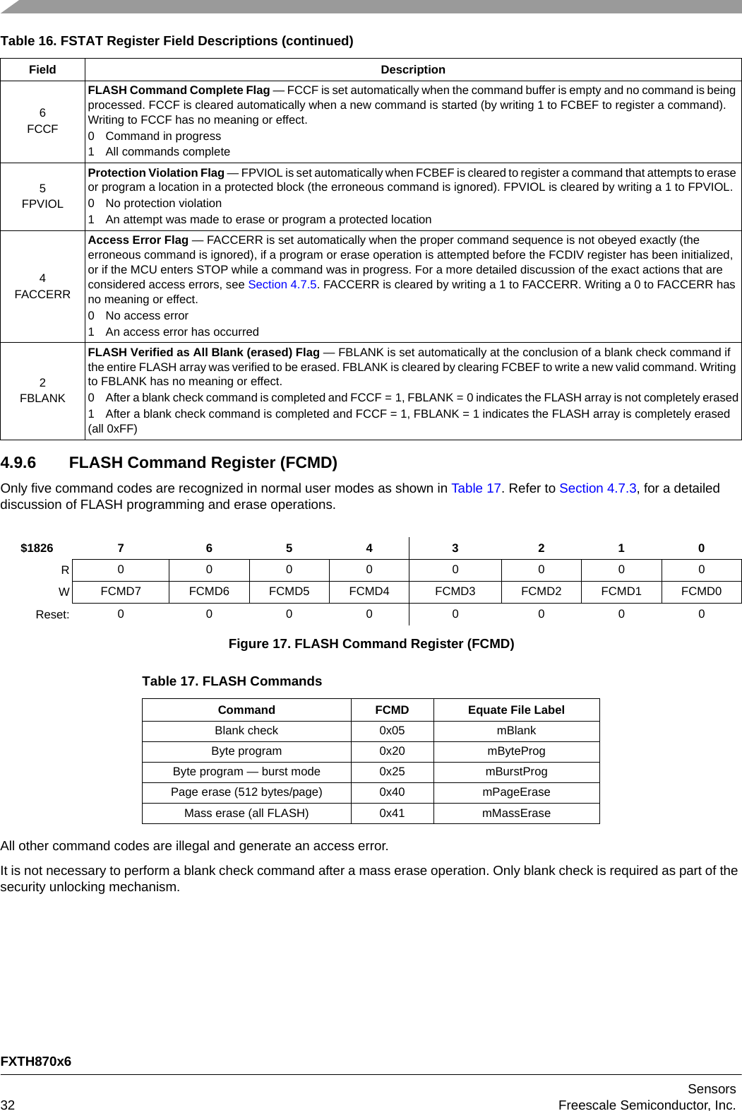 FXTH870x6Sensors32 Freescale Semiconductor, Inc.4.9.6 FLASH Command Register (FCMD)Only five command codes are recognized in normal user modes as shown in Table 17. Refer to Section 4.7.3, for a detailed discussion of FLASH programming and erase operations.All other command codes are illegal and generate an access error.It is not necessary to perform a blank check command after a mass erase operation. Only blank check is required as part of the security unlocking mechanism.6FCCFFLASH Command Complete Flag — FCCF is set automatically when the command buffer is empty and no command is being processed. FCCF is cleared automatically when a new command is started (by writing 1 to FCBEF to register a command). Writing to FCCF has no meaning or effect.0 Command in progress1 All commands complete5FPVIOLProtection Violation Flag — FPVIOL is set automatically when FCBEF is cleared to register a command that attempts to erase or program a location in a protected block (the erroneous command is ignored). FPVIOL is cleared by writing a 1 to FPVIOL.0 No protection violation1 An attempt was made to erase or program a protected location4FACCERRAccess Error Flag — FACCERR is set automatically when the proper command sequence is not obeyed exactly (the erroneous command is ignored), if a program or erase operation is attempted before the FCDIV register has been initialized, or if the MCU enters STOP while a command was in progress. For a more detailed discussion of the exact actions that are considered access errors, see Section 4.7.5. FACCERR is cleared by writing a 1 to FACCERR. Writing a 0 to FACCERR has no meaning or effect.0 No access error1 An access error has occurred2FBLANKFLASH Verified as All Blank (erased) Flag — FBLANK is set automatically at the conclusion of a blank check command if the entire FLASH array was verified to be erased. FBLANK is cleared by clearing FCBEF to write a new valid command. Writing to FBLANK has no meaning or effect.0 After a blank check command is completed and FCCF = 1, FBLANK = 0 indicates the FLASH array is not completely erased1 After a blank check command is completed and FCCF = 1, FBLANK = 1 indicates the FLASH array is completely erased (all 0xFF)$1826 7 6 5 4 3 2 1 0R0 0000000WFCMD7 FCMD6 FCMD5 FCMD4 FCMD3 FCMD2 FCMD1 FCMD0Reset: 0 0000000Figure 17. FLASH Command Register (FCMD)Table 17. FLASH CommandsCommand FCMD Equate File LabelBlank check 0x05 mBlankByte program 0x20 mByteProgByte program — burst mode 0x25 mBurstProgPage erase (512 bytes/page) 0x40 mPageEraseMass erase (all FLASH) 0x41 mMassEraseTable 16. FSTAT Register Field Descriptions (continued)Field Description