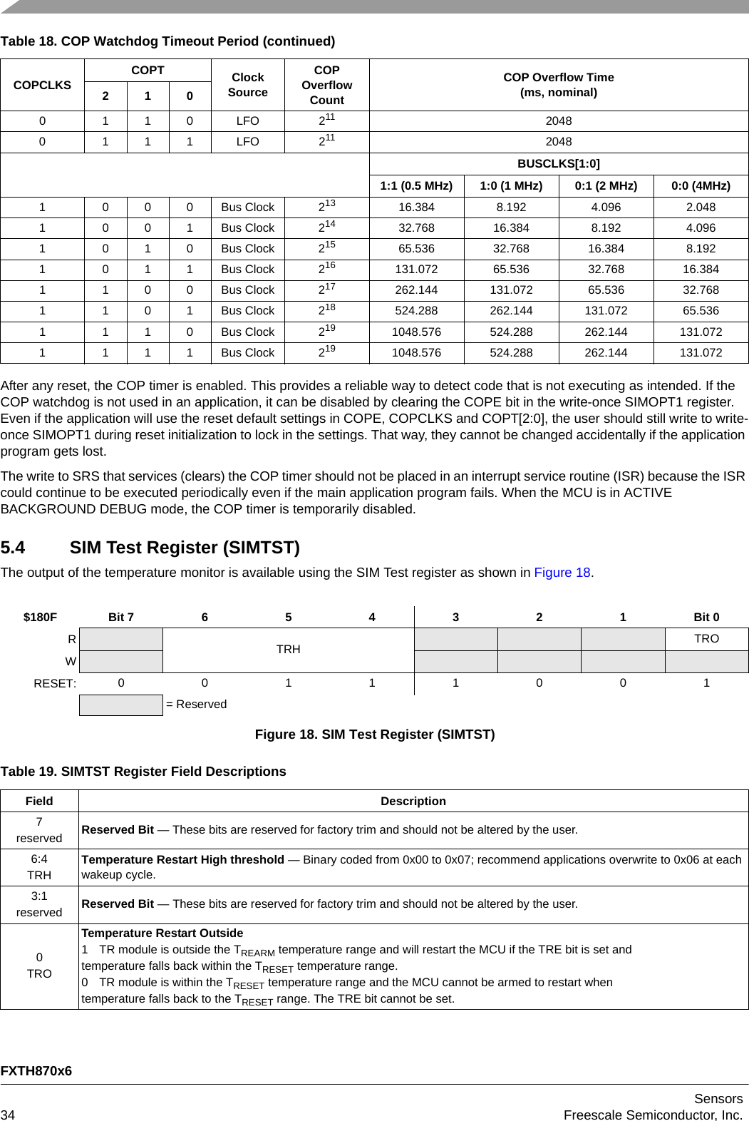 FXTH870x6Sensors34 Freescale Semiconductor, Inc.After any reset, the COP timer is enabled. This provides a reliable way to detect code that is not executing as intended. If the COP watchdog is not used in an application, it can be disabled by clearing the COPE bit in the write-once SIMOPT1 register. Even if the application will use the reset default settings in COPE, COPCLKS and COPT[2:0], the user should still write to write-once SIMOPT1 during reset initialization to lock in the settings. That way, they cannot be changed accidentally if the application program gets lost.The write to SRS that services (clears) the COP timer should not be placed in an interrupt service routine (ISR) because the ISR could continue to be executed periodically even if the main application program fails. When the MCU is in ACTIVE BACKGROUND DEBUG mode, the COP timer is temporarily disabled.5.4 SIM Test Register (SIMTST)The output of the temperature monitor is available using the SIM Test register as shown in Figure 18.0 110 LFO 211 20480 111 LFO 211 2048BUSCLKS[1:0]1:1 (0.5 MHz) 1:0 (1 MHz) 0:1 (2 MHz) 0:0 (4MHz)1 000Bus Clock 213 16.384 8.192 4.096 2.0481 001Bus Clock 214 32.768 16.384 8.192 4.0961 010Bus Clock 215 65.536 32.768 16.384 8.1921 011Bus Clock 216 131.072 65.536 32.768 16.3841 100Bus Clock 217 262.144 131.072 65.536 32.7681 101Bus Clock 218 524.288 262.144 131.072 65.5361 110Bus Clock 219 1048.576 524.288 262.144 131.0721 111Bus Clock 219 1048.576 524.288 262.144 131.072$180F Bit 7 654321Bit 0RTRH TROWRESET: 00111001= ReservedFigure 18. SIM Test Register (SIMTST)Table 19. SIMTST Register Field DescriptionsField Description7reserved Reserved Bit — These bits are reserved for factory trim and should not be altered by the user.6:4TRHTemperature Restart High threshold — Binary coded from 0x00 to 0x07; recommend applications overwrite to 0x06 at each wakeup cycle.3:1reserved Reserved Bit — These bits are reserved for factory trim and should not be altered by the user.0TROTemperature Restart Outside 1 TR module is outside the TREARM temperature range and will restart the MCU if the TRE bit is set andtemperature falls back within the TRESET temperature range.0 TR module is within the TRESET temperature range and the MCU cannot be armed to restart whentemperature falls back to the TRESET range. The TRE bit cannot be set.Table 18. COP Watchdog Timeout Period (continued)COPCLKS COPT Clock SourceCOPOverflowCountCOP Overflow Time(ms, nominal)210
