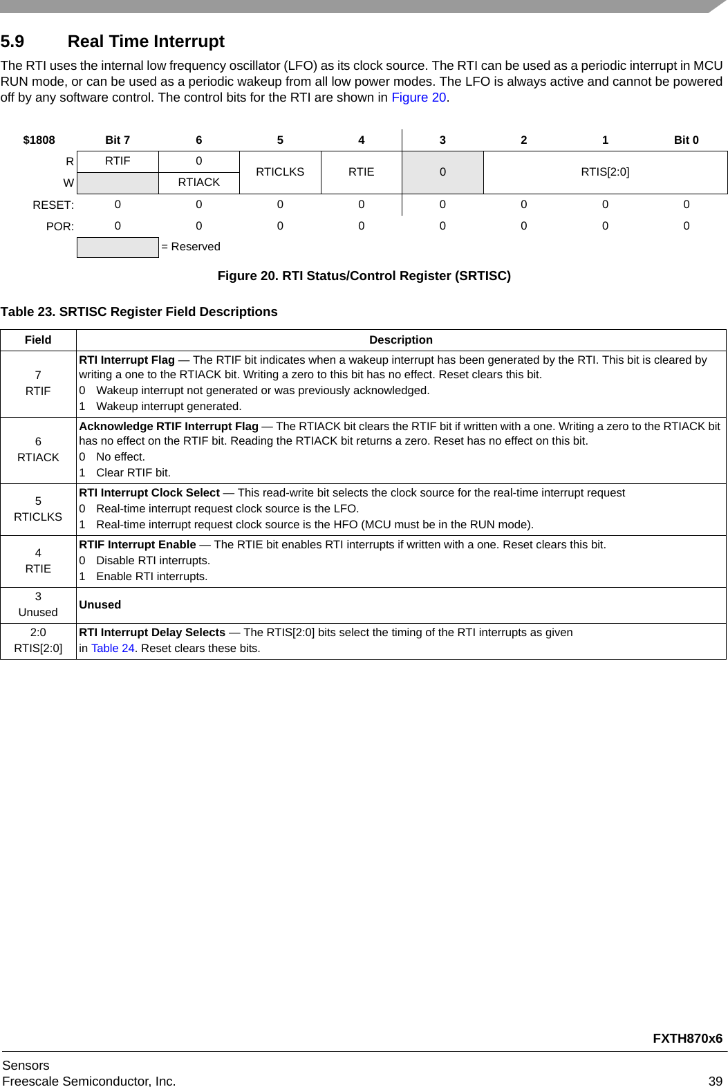 FXTH870x6SensorsFreescale Semiconductor, Inc. 395.9 Real Time InterruptThe RTI uses the internal low frequency oscillator (LFO) as its clock source. The RTI can be used as a periodic interrupt in MCU RUN mode, or can be used as a periodic wakeup from all low power modes. The LFO is always active and cannot be powered off by any software control. The control bits for the RTI are shown in Figure 20.$1808 Bit 7 6 5 4 3 2 1 Bit 0RRTIF 0 RTICLKS RTIE 0 RTIS[2:0]WRTIACKRESET: 00000000POR: 00000000= ReservedFigure 20. RTI Status/Control Register (SRTISC)Table 23. SRTISC Register Field DescriptionsField Description7RTIFRTI Interrupt Flag — The RTIF bit indicates when a wakeup interrupt has been generated by the RTI. This bit is cleared by writing a one to the RTIACK bit. Writing a zero to this bit has no effect. Reset clears this bit.0 Wakeup interrupt not generated or was previously acknowledged.1 Wakeup interrupt generated.6RTIACKAcknowledge RTIF Interrupt Flag — The RTIACK bit clears the RTIF bit if written with a one. Writing a zero to the RTIACK bit has no effect on the RTIF bit. Reading the RTIACK bit returns a zero. Reset has no effect on this bit.0 No effect.1 Clear RTIF bit.5RTICLKSRTI Interrupt Clock Select — This read-write bit selects the clock source for the real-time interrupt request0 Real-time interrupt request clock source is the LFO.1 Real-time interrupt request clock source is the HFO (MCU must be in the RUN mode).4RTIERTIF Interrupt Enable — The RTIE bit enables RTI interrupts if written with a one. Reset clears this bit.0 Disable RTI interrupts.1 Enable RTI interrupts.3Unused Unused2:0RTIS[2:0]RTI Interrupt Delay Selects — The RTIS[2:0] bits select the timing of the RTI interrupts as givenin Table 24. Reset clears these bits.