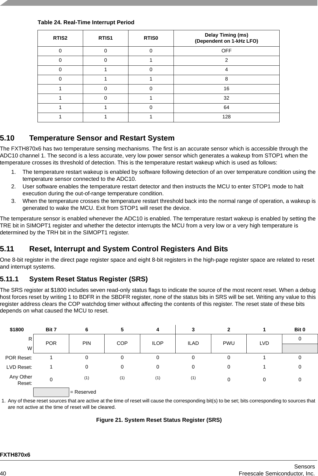 FXTH870x6Sensors40 Freescale Semiconductor, Inc. 5.10 Temperature Sensor and Restart SystemThe FXTH870x6 has two temperature sensing mechanisms. The first is an accurate sensor which is accessible through the ADC10 channel 1. The second is a less accurate, very low power sensor which generates a wakeup from STOP1 when the temperature crosses its threshold of detection. This is the temperature restart wakeup which is used as follows:1. The temperature restart wakeup is enabled by software following detection of an over temperature condition using the temperature sensor connected to the ADC10.2. User software enables the temperature restart detector and then instructs the MCU to enter STOP1 mode to halt execution during the out-of-range temperature condition.3. When the temperature crosses the temperature restart threshold back into the normal range of operation, a wakeup is generated to wake the MCU. Exit from STOP1 will reset the device.The temperature sensor is enabled whenever the ADC10 is enabled. The temperature restart wakeup is enabled by setting the TRE bit in SIMOPT1 register and whether the detector interrupts the MCU from a very low or a very high temperature is determined by the TRH bit in the SIMOPT1 register.5.11 Reset, Interrupt and System Control Registers And BitsOne 8-bit register in the direct page register space and eight 8-bit registers in the high-page register space are related to reset and interrupt systems.5.11.1 System Reset Status Register (SRS)The SRS register at $1800 includes seven read-only status flags to indicate the source of the most recent reset. When a debug host forces reset by writing 1 to BDFR in the SBDFR register, none of the status bits in SRS will be set. Writing any value to this register address clears the COP watchdog timer without affecting the contents of this register. The reset state of these bits depends on what caused the MCU to reset.Table 24. Real-Time Interrupt PeriodRTIS2 RTIS1 RTIS0 Delay Timing (ms)(Dependent on 1-kHz LFO)000 OFF001 2010 4011 8100 16101 32110 64111 128$1800 Bit 7 6 5 4 3 2 1 Bit 0RPOR PIN COP ILOP ILAD PWU LVD 0WPOR Reset: 10000010LVD Reset: 10000010Any OtherReset: 0(1)(1)(1)(1) 000= Reserved1. Any of these reset sources that are active at the time of reset will cause the corresponding bit(s) to be set; bits corresponding to sources that are not active at the time of reset will be cleared.Figure 21. System Reset Status Register (SRS)