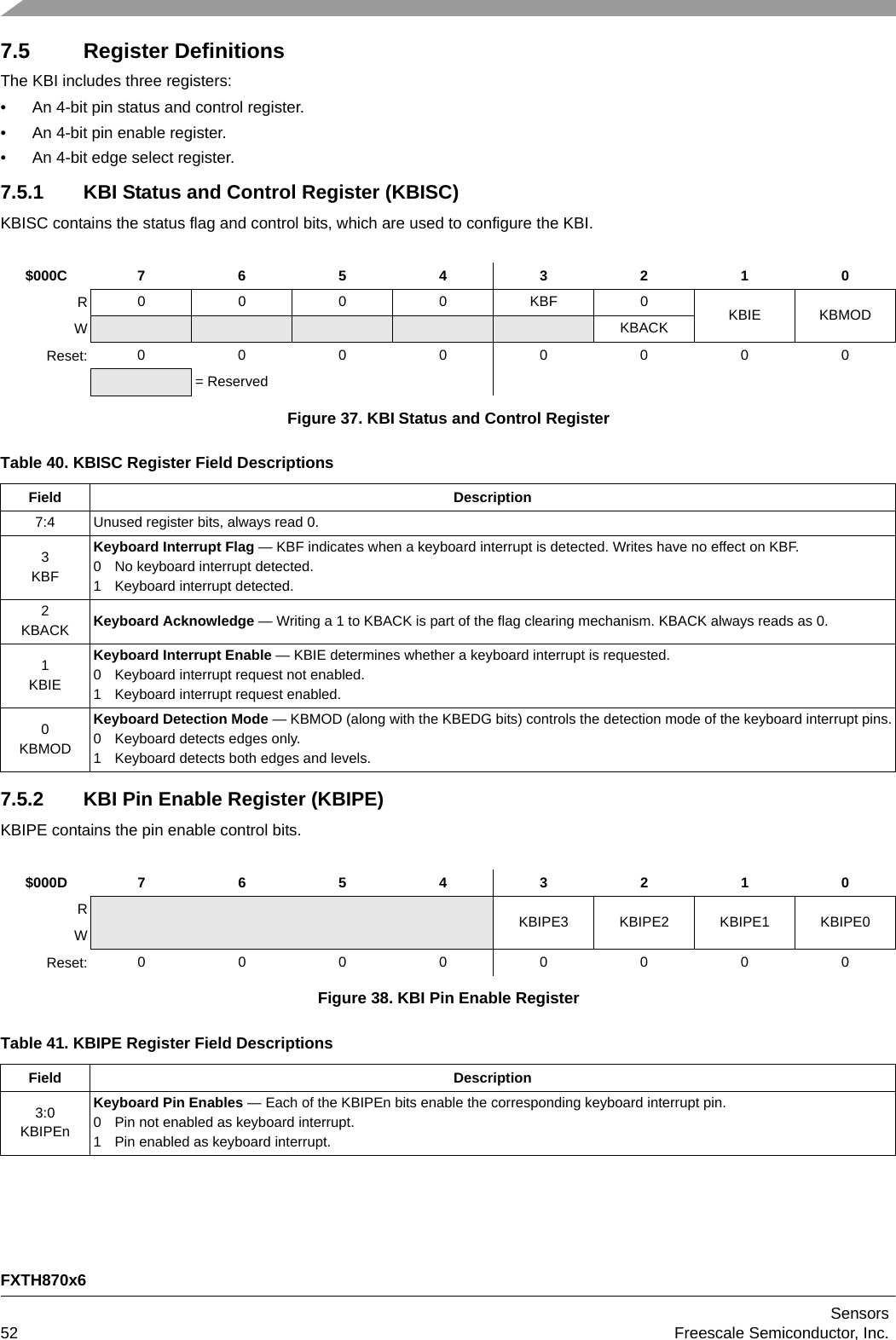 FXTH870x6Sensors52 Freescale Semiconductor, Inc.7.5 Register DefinitionsThe KBI includes three registers:• An 4-bit pin status and control register.• An 4-bit pin enable register.• An 4-bit edge select register.7.5.1 KBI Status and Control Register (KBISC)KBISC contains the status flag and control bits, which are used to configure the KBI.7.5.2 KBI Pin Enable Register (KBIPE)KBIPE contains the pin enable control bits.$000C 7 6 5 4 3 2 1 0R0000KBF0KBIE KBMODWKBACKReset: 00000000= ReservedFigure 37. KBI Status and Control RegisterTable 40. KBISC Register Field DescriptionsField Description7:4 Unused register bits, always read 0.3KBFKeyboard Interrupt Flag — KBF indicates when a keyboard interrupt is detected. Writes have no effect on KBF.0 No keyboard interrupt detected.1 Keyboard interrupt detected.2KBACK Keyboard Acknowledge — Writing a 1 to KBACK is part of the flag clearing mechanism. KBACK always reads as 0.1KBIEKeyboard Interrupt Enable — KBIE determines whether a keyboard interrupt is requested.0 Keyboard interrupt request not enabled.1 Keyboard interrupt request enabled.0KBMODKeyboard Detection Mode — KBMOD (along with the KBEDG bits) controls the detection mode of the keyboard interrupt pins.0 Keyboard detects edges only.1 Keyboard detects both edges and levels.$000D 7 6 5 4 3 2 1 0RKBIPE3 KBIPE2 KBIPE1 KBIPE0WReset: 00000000Figure 38. KBI Pin Enable RegisterTable 41. KBIPE Register Field DescriptionsField Description3:0KBIPEnKeyboard Pin Enables — Each of the KBIPEn bits enable the corresponding keyboard interrupt pin.0 Pin not enabled as keyboard interrupt.1 Pin enabled as keyboard interrupt.