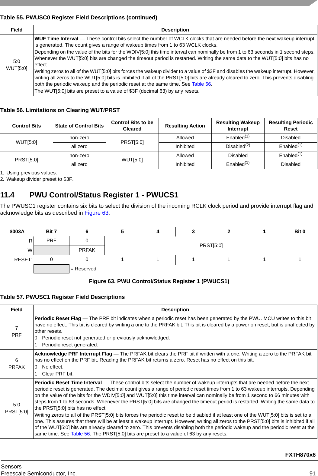 FXTH870x6SensorsFreescale Semiconductor, Inc. 91 11.4 PWU Control/Status Register 1 - PWUCS1The PWUSC1 register contains six bits to select the division of the incoming RCLK clock period and provide interrupt flag and acknowledge bits as described in Figure 63.5:0WUT[5:0]WUF Time Interval — These control bits select the number of WCLK clocks that are needed before the next wakeup interrupt is generated. The count gives a range of wakeup times from 1 to 63 WCLK clocks.Depending on the value of the bits for the WDIV[5:0] this time interval can nominally be from 1 to 63 seconds in 1 second steps. Whenever the WUT[5:0] bits are changed the timeout period is restarted. Writing the same data to the WUT[5:0] bits has no effect.Writing zeros to all of the WUT[5:0] bits forces the wakeup divider to a value of $3F and disables the wakeup interrupt. However, writing all zeros to the WUT[5:0] bits is inhibited if all of the PRST[5:0] bits are already cleared to zero. This prevents disabling both the periodic wakeup and the periodic reset at the same time. See Table 56.The WUT[5:0] bits are preset to a value of $3F (decimal 63) by any resets.Table 56. Limitations on Clearing WUT/PRSTControl Bits State of Control Bits Control Bits to be Cleared Resulting Action Resulting Wakeup Interrupt Resulting Periodic ResetWUT[5:0] non-zero PRST[5:0] Allowed Enabled(1)1. Using previous values.Disabledall zero Inhibited Disabled(2)2. Wakeup divider preset to $3F.Enabled(1)PRST[5:0] non-zero WUT[5:0] Allowed Disabled Enabled(1)all zero Inhibited Enabled(1) Disabled$003A Bit 7 6 5 4 3 2 1 Bit 0RPRF 0PRST[5:0]WPRFAKRESET: 00111111= ReservedFigure 63. PWU Control/Status Register 1 (PWUCS1)Table 57. PWUSC1 Register Field DescriptionsField Description7PRFPeriodic Reset Flag — The PRF bit indicates when a periodic reset has been generated by the PWU. MCU writes to this bit have no effect. This bit is cleared by writing a one to the PRFAK bit. This bit is cleared by a power on reset, but is unaffected by other resets.0 Periodic reset not generated or previously acknowledged.1 Periodic reset generated.6PRFAKAcknowledge PRF Interrupt Flag — The PRFAK bit clears the PRF bit if written with a one. Writing a zero to the PRFAK bit has no effect on the PRF bit. Reading the PRFAK bit returns a zero. Reset has no effect on this bit.0 No effect.1 Clear PRF bit.5:0PRST[5:0]Periodic Reset Time Interval — These control bits select the number of wakeup interrupts that are needed before the next periodic reset is generated. The decimal count gives a range of periodic reset times from 1 to 63 wakeup interrupts. Depending on the value of the bits for the WDIV[5:0] and WUT[5:0] this time interval can nominally be from 1 second to 66 minutes with steps from 1 to 63 seconds. Whenever the PRST[5:0] bits are changed the timeout period is restarted. Writing the same data to the PRST[5:0] bits has no effect.Writing zeros to all of the PRST[5:0] bits forces the periodic reset to be disabled if at least one of the WUT[5:0] bits is set to a one. This assures that there will be at least a wakeup interrupt. However, writing all zeros to the PRST[5:0] bits is inhibited if all of the WUT[5:0] bits are already cleared to zero. This prevents disabling both the periodic wakeup and the periodic reset at the same time. See Table 56. The PRST[5:0] bits are preset to a value of 63 by any resets.Table 55. PWUSC0 Register Field Descriptions (continued)Field Description