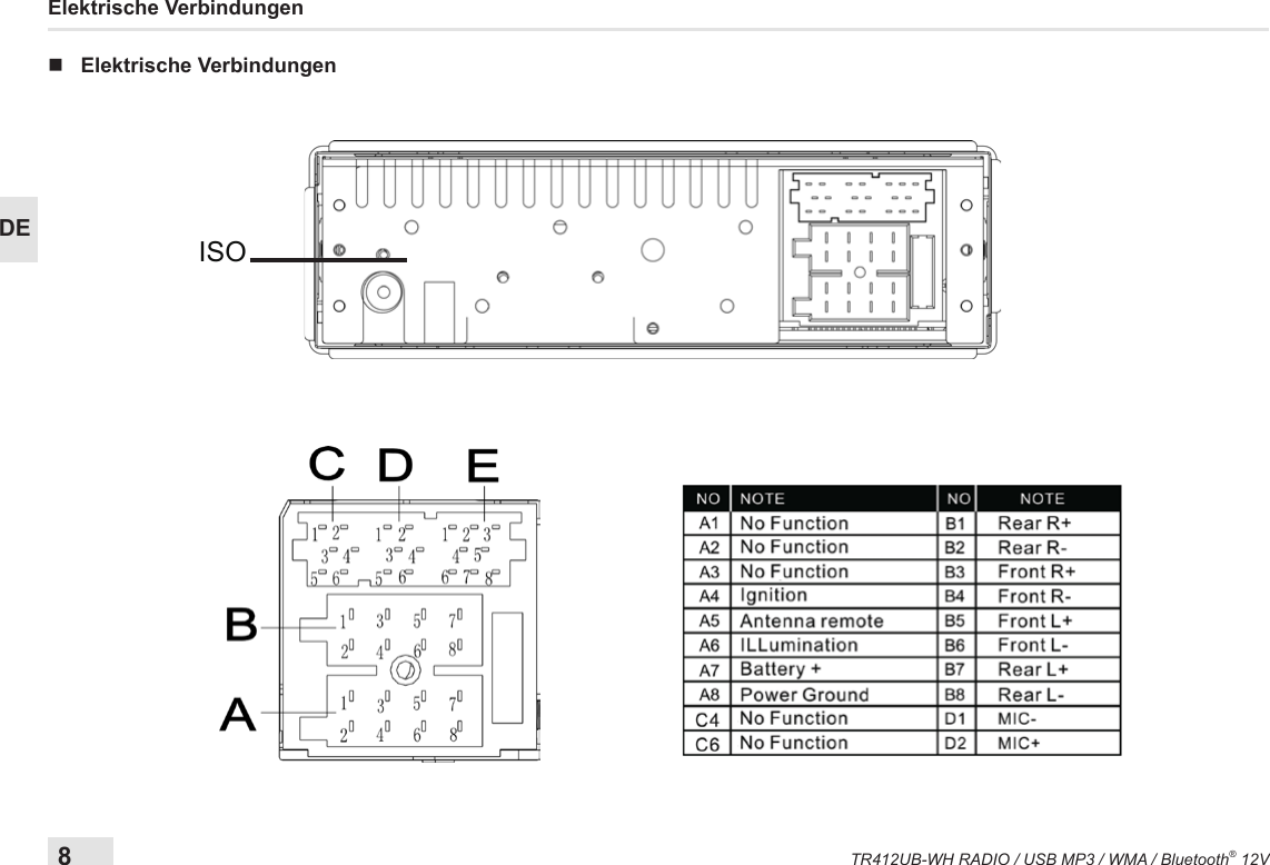 8TR412UB-WH RADIO / USB MP3 / WMA / Bluetooth® 12VDEElektrische Verbindungen nElektrische VerbindungenISO