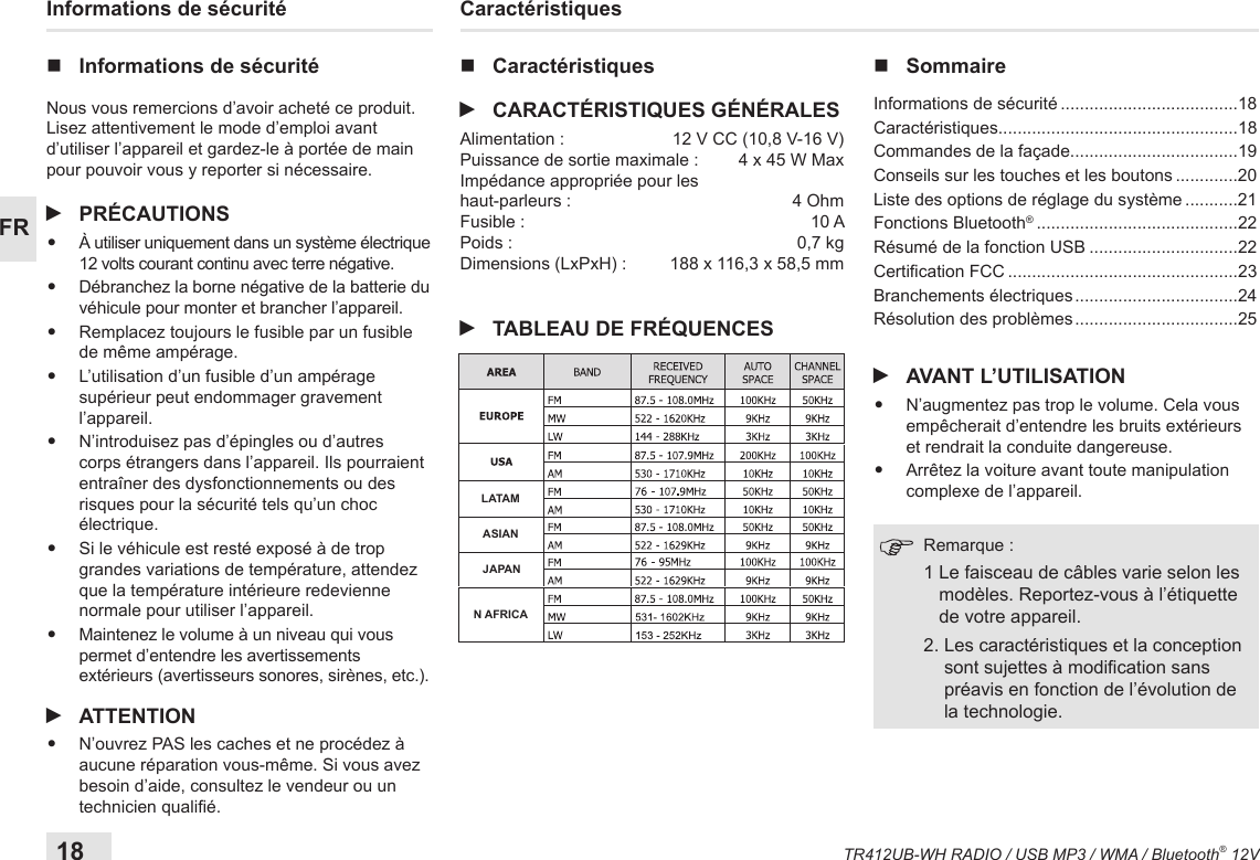 18TR412UB-WH RADIO / USB MP3 / WMA / Bluetooth® 12VFRInformations de sécurité nInformations de sécuritéNous vous remercions d’avoir acheté ce produit. Lisez attentivement le mode d’emploi avant d’utiliser l’appareil et gardez-le à portée de main pour pouvoir vous y reporter si nécessaire. iPRÉCAUTIONS•  À utiliser uniquement dans un système électrique 12 volts courant continu avec terre négative. •   Débranchez la borne négative de la batterie du véhicule pour monter et brancher l’appareil.•  Remplacez toujours le fusible par un fusible de même ampérage.   •  L’utilisation d’un fusible d’un ampérage supérieur peut endommager gravement l’appareil.•  N’introduisez pas d’épingles ou d’autres corps étrangers dans l’appareil. Ils pourraient entraîner des dysfonctionnements ou des risques pour la sécurité tels qu’un choc électrique.• Si le véhicule est resté exposé à de trop grandes variations de température, attendez que la température intérieure redevienne normale pour utiliser l’appareil.•  Maintenez le volume à un niveau qui vous permet d’entendre les avertissements extérieurs (avertisseurs sonores, sirènes, etc.). iATTENTION• N’ouvrez PAS les caches et ne procédez à aucune réparation vous-même. Si vous avez besoin d’aide, consultez le vendeur ou un technicien qualié.Caractéristiques nCaractéristiques iCARACTÉRISTIQUES GÉNÉRALESAlimentation :  12 V CC (10,8 V-16 V)Puissance de sortie maximale :  4 x 45 W MaxImpédance appropriée pour les  haut-parleurs :  4 OhmFusible :  10 APoids :  0,7 kgDimensions (LxPxH) :  188 x 116,3 x 58,5 mm iTABLEAU DE FRÉQUENCES nSommaireInformations de sécurité .....................................18Caractéristiques..................................................18Commandes de la façade...................................19Conseils sur les touches et les boutons .............20Liste des options de réglage du système ...........21Fonctions Bluetooth® ..........................................22Résumé de la fonction USB ...............................22Certication FCC ................................................23Branchements électriques ..................................24Résolution des problèmes ..................................25 iAVANT L’UTILISATION•  N’augmentez pas trop le volume. Cela vous empêcherait d’entendre les bruits extérieurs et rendrait la conduite dangereuse.• Arrêtez la voiture avant toute manipulation complexe de l’appareil.  Remarque :  1  Le faisceau de câbles varie selon les modèles. Reportez-vous à l’étiquette de votre appareil.    2.  Les caractéristiques et la conception sont sujettes à modication sans préavis en fonction de l’évolution de la technologie.LATAMASIANJAPANN AFRICA