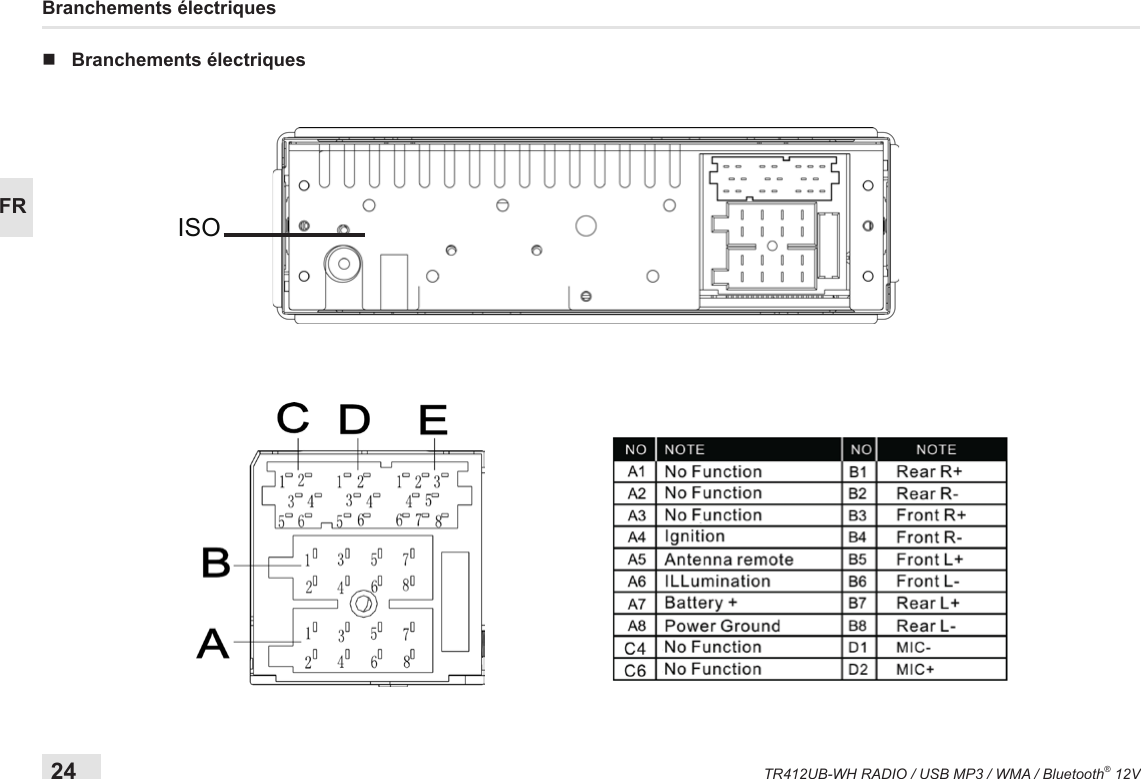 24TR412UB-WH RADIO / USB MP3 / WMA / Bluetooth® 12VFRBranchements électriques nBranchements électriquesISO