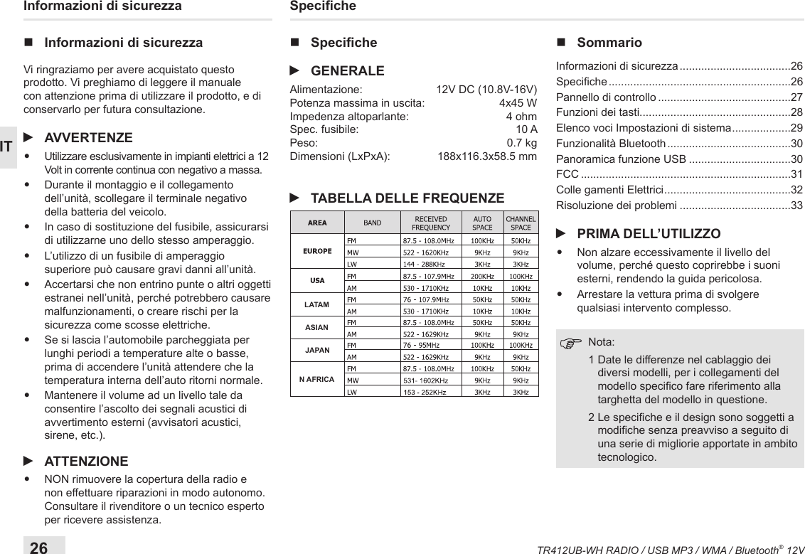 26TR412UB-WH RADIO / USB MP3 / WMA / Bluetooth® 12VITInformazioni di sicurezza nInformazioni di sicurezzaVi ringraziamo per avere acquistato questo prodotto. Vi preghiamo di leggere il manuale con attenzione prima di utilizzare il prodotto, e di conservarlo per futura consultazione. iAVVERTENZE•  Utilizzare esclusivamente in impianti elettrici a 12 Volt in corrente continua con negativo a massa.•  Durante il montaggio e il collegamento dell’unità, scollegare il terminale negativo della batteria del veicolo.•  In caso di sostituzione del fusibile, assicurarsi di utilizzarne uno dello stesso amperaggio.• L’utilizzo di un fusibile di amperaggio superiore può causare gravi danni all’unità.•  Accertarsi che non entrino punte o altri oggetti estranei nell’unità, perché potrebbero causare malfunzionamenti, o creare rischi per la sicurezza come scosse elettriche.•  Se si lascia l’automobile parcheggiata per lunghi periodi a temperature alte o basse, prima di accendere l’unità attendere che la temperatura interna dell’auto ritorni normale.•  Mantenere il volume ad un livello tale da consentire l’ascolto dei segnali acustici di avvertimento esterni (avvisatori acustici, sirene, etc.). iATTENZIONE•  NON rimuovere la copertura della radio e non effettuare riparazioni in modo autonomo. Consultare il rivenditore o un tecnico esperto per ricevere assistenza.Speciche nSpeciche iGENERALEAlimentazione:  12V DC (10.8V-16V)Potenza massima in uscita:  4x45 W Impedenza altoparlante:  4 ohmSpec. fusibile:  10 APeso:  0.7 kgDimensioni (LxPxA):  188x116.3x58.5 mm iTABELLA DELLE FREQUENZE nSommarioInformazioni di sicurezza ....................................26Speciche ...........................................................26Pannello di controllo ...........................................27Funzioni dei tasti.................................................28Elenco voci Impostazioni di sistema ...................29Funzionalità Bluetooth ........................................30Panoramica funzione USB .................................30FCC ....................................................................31Colle gamenti Elettrici .........................................32Risoluzione dei problemi ....................................33 iPRIMA DELL’UTILIZZO•  Non alzare eccessivamente il livello del volume, perché questo coprirebbe i suoni esterni, rendendo la guida pericolosa. •  Arrestare la vettura prima di svolgere qualsiasi intervento complesso. Nota:   1  Date le differenze nel cablaggio dei diversi modelli, per i collegamenti del modello specico fare riferimento alla targhetta del modello in questione.   2  Le speciche e il design sono soggetti a modiche senza preavviso a seguito di una serie di migliorie apportate in ambito tecnologico.LATAMASIANJAPANN AFRICA