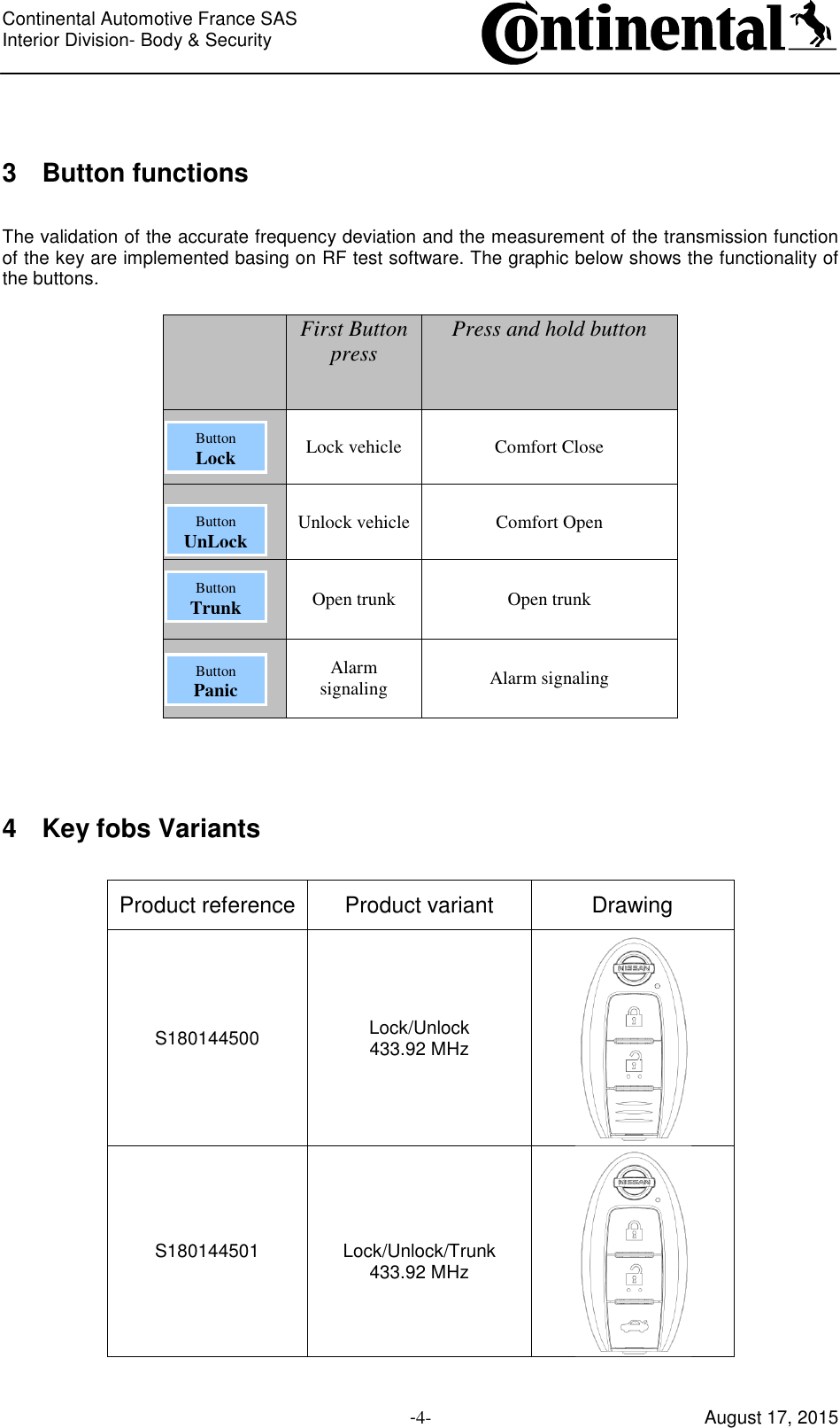 Continental Automotive France SAS     Interior Division- Body &amp; Security         -4- August 17, 2015  3  Button functions  The validation of the accurate frequency deviation and the measurement of the transmission function of the key are implemented basing on RF test software. The graphic below shows the functionality of the buttons.    First Button press  Press and hold button  Lock vehicle  Comfort Close  Unlock vehicle  Comfort Open  Open trunk  Open trunk  Alarm signaling  Alarm signaling   4  Key fobs Variants  Product reference Product variant  Drawing S180144500  Lock/Unlock 433.92 MHz  S180144501   Lock/Unlock/Trunk 433.92 MHz  Button Lock Button UnLock Button Trunk Button Panic 