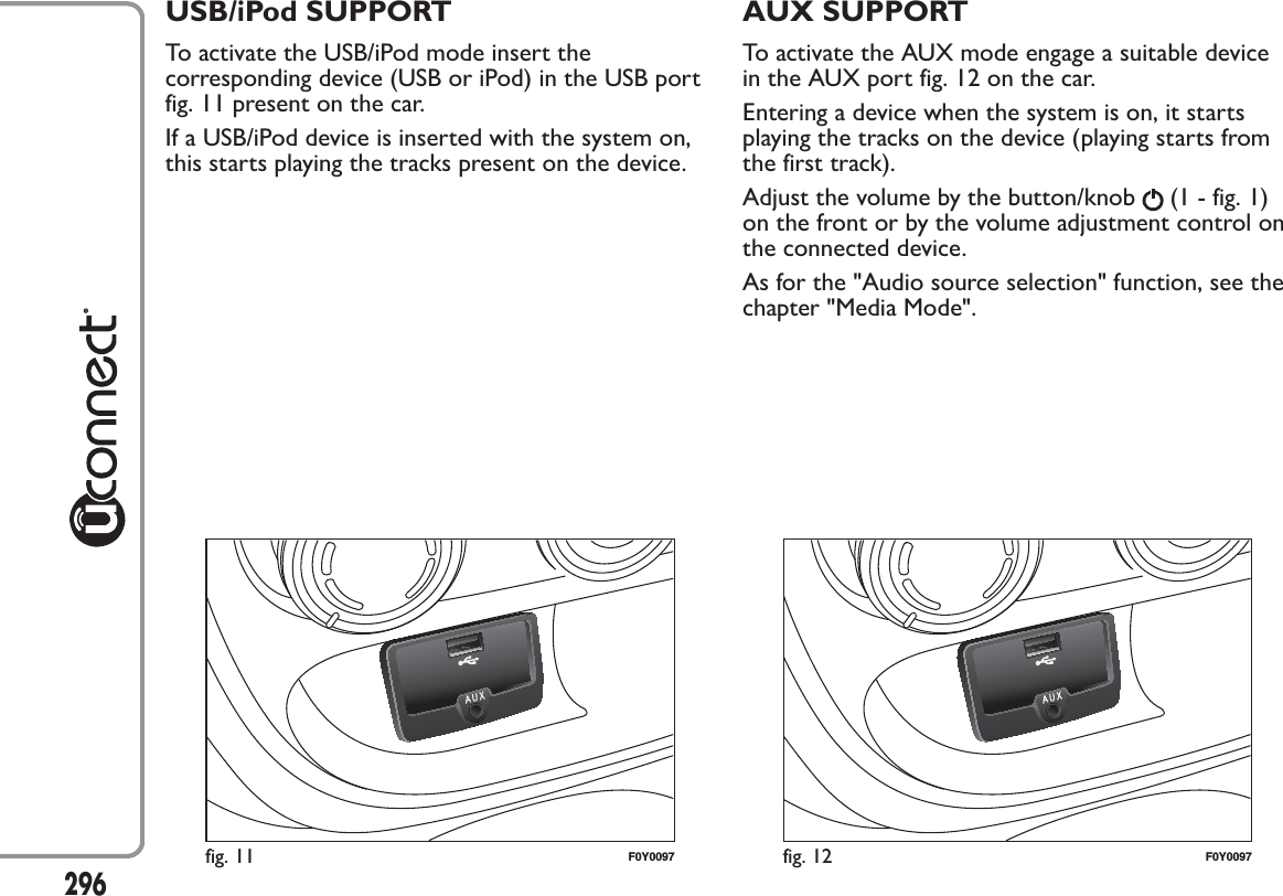 USB/iPod SUPPORTTo activate the USB/iPod mode insert thecorresponding device (USB or iPod) in the USB portfig. 11 present on the car.If a USB/iPod device is inserted with the system on,this starts playing the tracks present on the device.AUX SUPPORTTo activate the AUX mode engage a suitable devicein the AUX port fig. 12 on the car.Entering a device when the system is on, it startsplaying the tracks on the device (playing starts fromthe first track).Adjust the volume by the button/knob (1 - fig. 1)on the front or by the volume adjustment control onthe connected device.As for the &quot;Audio source selection&quot; function, see thechapter &quot;Media Mode&quot;.fig. 11 F0Y0097 fig. 12 F0Y0097296