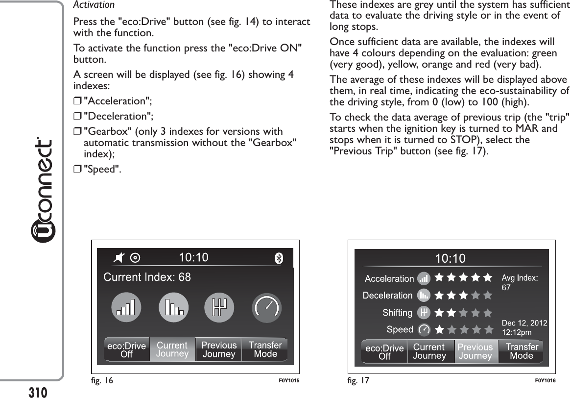 ActivationPress the &quot;eco:Drive&quot; button (see fig. 14) to interactwith the function.To activate the function press the &quot;eco:Drive ON&quot;button.A screen will be displayed (see fig. 16) showing 4indexes:❒&quot;Acceleration&quot;;❒&quot;Deceleration&quot;;❒&quot;Gearbox&quot; (only 3 indexes for versions withautomatic transmission without the &quot;Gearbox&quot;index);❒&quot;Speed&quot;.These indexes are grey until the system has sufficientdata to evaluate the driving style or in the event oflong stops.Once sufficient data are available, the indexes willhave 4 colours depending on the evaluation: green(very good), yellow, orange and red (very bad).The average of these indexes will be displayed abovethem, in real time, indicating the eco-sustainability ofthe driving style, from 0 (low) to 100 (high).To check the data average of previous trip (the &quot;trip&quot;starts when the ignition key is turned to MAR andstops when it is turned to STOP), select the&quot;Previous Trip&quot; button (see fig. 17).fig. 16 F0Y1015 fig. 17 F0Y1016310