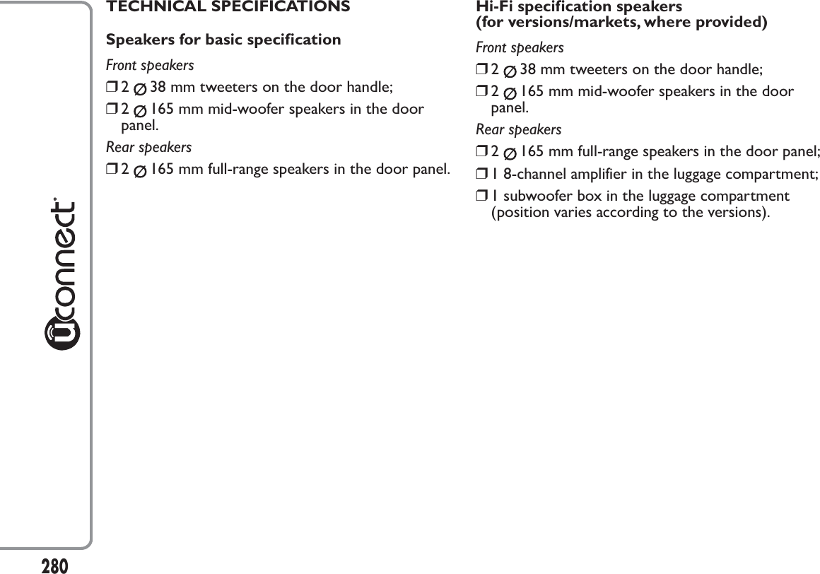 TECHNICAL SPECIFICATIONSSpeakers for basic specificationFront speakers❒238 mm tweeters on the door handle;❒2165 mm mid-woofer speakers in the doorpanel.Rear speakers❒2165 mm full-range speakers in the door panel.Hi-Fi specification speakers(for versions/markets, where provided)Front speakers❒238 mm tweeters on the door handle;❒2165 mm mid-woofer speakers in the doorpanel.Rear speakers❒2165 mm full-range speakers in the door panel;❒1 8-channel amplifier in the luggage compartment;❒1 subwoofer box in the luggage compartment(position varies according to the versions).280
