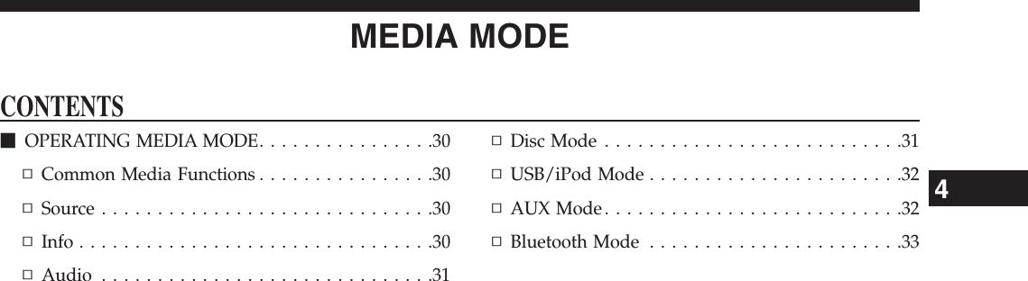 MEDIA MODECONTENTSmOPERATING MEDIA MODE. . . . . . . . . . . . . . . .30▫Common Media Functions . . . . . . . . . . . . . . . .30▫Source . . . . . . . . . . . . . . . . . . . . . . . . . . . . . .30▫Info . . . . . . . . . . . . . . . . . . . . . . . . . . . . . . . .30▫Audio . . . . . . . . . . . . . . . . . . . . . . . . . . . . . .31▫DiscMode...........................31▫USB/iPodMode.......................32▫AUXMode...........................32▫BluetoothMode .......................334