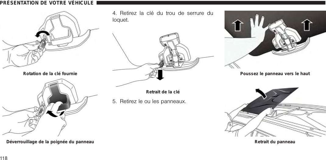 4. Retirez la clé du trou de serrure duloquet.5. Retirez le ou les panneaux.Rotation de la clé fournieDéverrouillage de la poignée du panneauRetrait de la cléPoussez le panneau vers le hautRetrait du panneauPRÉSENTATION DE VOTRE VÉHICULE118