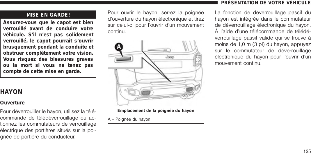 MISE EN GARDE!Assurez-vous que le capot est bienverrouillé avant de conduire votrevéhicule. S’il n’est pas solidementverrouillé, le capot pourrait s’ouvrirbrusquement pendant la conduite etobstruer complètement votre vision.Vous risquez des blessures gravesou la mort si vous ne tenez pascompte de cette mise en garde.HAYONOuverturePour déverrouiller le hayon, utilisez la télé-commande de télédéverrouillage ou ac-tionnez les commutateurs de verrouillageélectrique des portières situés sur la poi-gnée de portière du conducteur.Pour ouvrir le hayon, serrez la poignéed’ouverture du hayon électronique et tirezsur celui-ci pour l’ouvrir d’un mouvementcontinu.La fonction de déverrouillage passif duhayon est intégrée dans le commutateurde déverrouillage électronique du hayon.À l’aide d’une télécommande de télédé-verrouillage passif valide qui se trouve àmoins de 1,0 m (3 pi) du hayon, appuyezsur le commutateur de déverrouillageélectronique du hayon pour l’ouvrir d’unmouvement continu.Emplacement de la poignée du hayonA – Poignée du hayonPRÉSENTATION DE VOTRE VÉHICULE125