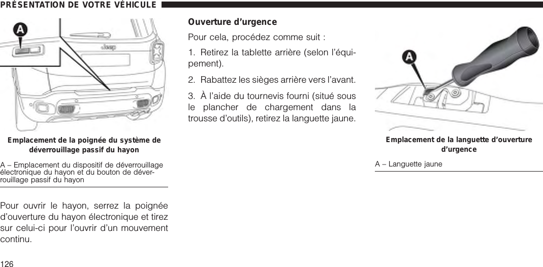 Pour ouvrir le hayon, serrez la poignéed’ouverture du hayon électronique et tirezsur celui-ci pour l’ouvrir d’un mouvementcontinu.Ouverture d’urgencePour cela, procédez comme suit :1. Retirez la tablette arrière (selon l’équi-pement).2. Rabattez les sièges arrière vers l’avant.3. À l’aide du tournevis fourni (situé sousle plancher de chargement dans latrousse d’outils), retirez la languette jaune.Emplacement de la poignée du système dedéverrouillage passif du hayonA – Emplacement du dispositif de déverrouillageélectronique du hayon et du bouton de déver-rouillage passif du hayonEmplacement de la languette d’ouvertured’urgenceA – Languette jaunePRÉSENTATION DE VOTRE VÉHICULE126