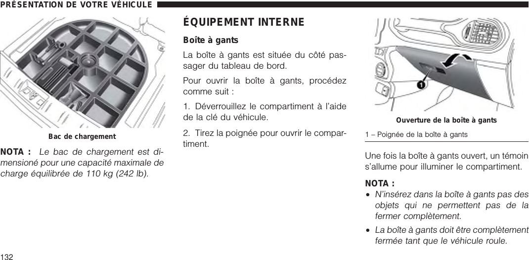 NOTA :Le bac de chargement est di-mensioné pour une capacité maximale decharge équilibrée de 110 kg (242 lb).ÉQUIPEMENT INTERNEBoîte à gantsLa boîte à gants est située du côté pas-sager du tableau de bord.Pour ouvrir la boîte à gants, procédezcomme suit :1. Déverrouillez le compartiment à l’aidede la clé du véhicule.2. Tirez la poignée pour ouvrir le compar-timent.Une fois la boîte à gants ouvert, un témoins’allume pour illuminer le compartiment.NOTA :•N’insérez dans la boîte à gants pas desobjets qui ne permettent pas de lafermer complètement.•La boîte à gants doit être complètementfermée tant que le véhicule roule.Bac de chargementOuverture de la boîte à gants1 – Poignée de la boîte à gantsPRÉSENTATION DE VOTRE VÉHICULE132