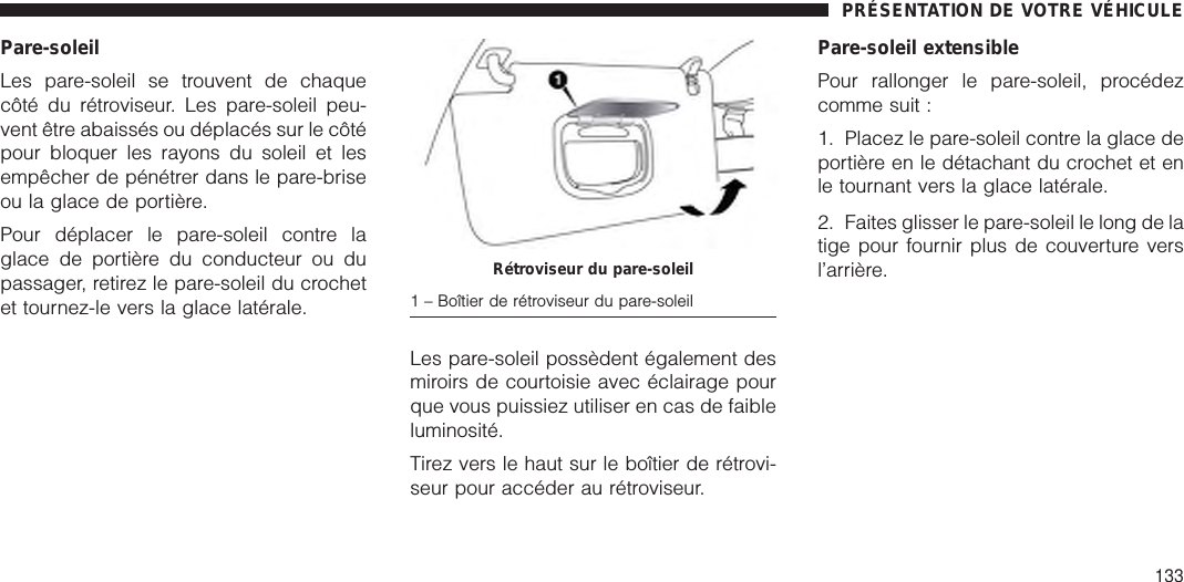 Pare-soleilLes pare-soleil se trouvent de chaquecôté du rétroviseur. Les pare-soleil peu-vent être abaissés ou déplacés sur le côtépour bloquer les rayons du soleil et lesempêcher de pénétrer dans le pare-briseou la glace de portière.Pour déplacer le pare-soleil contre laglace de portière du conducteur ou dupassager, retirez le pare-soleil du crochetet tournez-le vers la glace latérale.Les pare-soleil possèdent également desmiroirs de courtoisie avec éclairage pourque vous puissiez utiliser en cas de faibleluminosité.Tirez vers le haut sur le boîtier de rétrovi-seur pour accéder au rétroviseur.Pare-soleil extensiblePour rallonger le pare-soleil, procédezcomme suit :1. Placez le pare-soleil contre la glace deportière en le détachant du crochet et enle tournant vers la glace latérale.2. Faites glisser le pare-soleil le long de latige pour fournir plus de couverture versl’arrière.Rétroviseur du pare-soleil1 – Boîtier de rétroviseur du pare-soleilPRÉSENTATION DE VOTRE VÉHICULE133