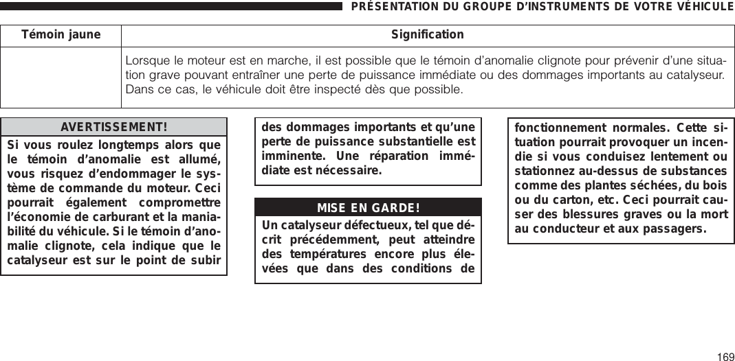 Témoin jaune SignificationLorsque le moteur est en marche, il est possible que le témoin d’anomalie clignote pour prévenir d’une situa-tion grave pouvant entraîner une perte de puissance immédiate ou des dommages importants au catalyseur.Dans ce cas, le véhicule doit être inspecté dès que possible.AVERTISSEMENT!Si vous roulez longtemps alors quele témoin d’anomalie est allumé,vous risquez d’endommager le sys-tème de commande du moteur. Cecipourrait également compromettrel’économie de carburant et la mania-bilité du véhicule. Si le témoin d’ano-malie clignote, cela indique que lecatalyseur est sur le point de subirdes dommages importants et qu’uneperte de puissance substantielle estimminente. Une réparation immé-diate est nécessaire.MISE EN GARDE!Un catalyseur défectueux, tel que dé-crit précédemment, peut atteindredes températures encore plus éle-vées que dans des conditions defonctionnement normales. Cette si-tuation pourrait provoquer un incen-die si vous conduisez lentement oustationnez au-dessus de substancescomme des plantes séchées, du boisou du carton, etc. Ceci pourrait cau-ser des blessures graves ou la mortau conducteur et aux passagers.PRÉSENTATION DU GROUPE D’INSTRUMENTS DE VOTRE VÉHICULE169