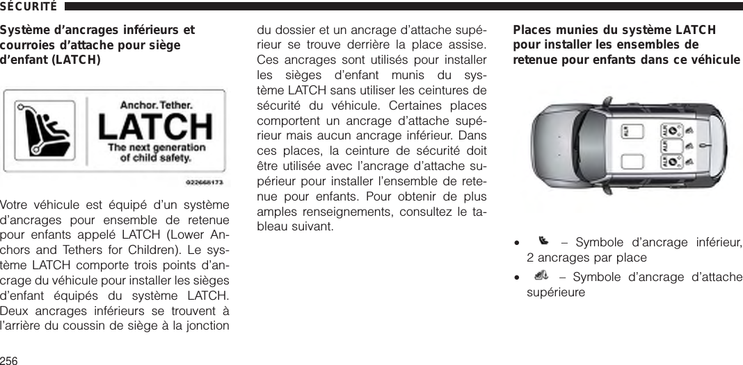 Système d’ancrages inférieurs etcourroies d’attache pour sièged’enfant (LATCH)Votre véhicule est équipé d’un systèmed’ancrages pour ensemble de retenuepour enfants appelé LATCH (Lower An-chors and Tethers for Children). Le sys-tème LATCH comporte trois points d’an-crage du véhicule pour installer les siègesd’enfant équipés du système LATCH.Deux ancrages inférieurs se trouvent àl’arrière du coussin de siège à la jonctiondu dossier et un ancrage d’attache supé-rieur se trouve derrière la place assise.Ces ancrages sont utilisés pour installerles sièges d’enfant munis du sys-tème LATCH sans utiliser les ceintures desécurité du véhicule. Certaines placescomportent un ancrage d’attache supé-rieur mais aucun ancrage inférieur. Dansces places, la ceinture de sécurité doitêtre utilisée avec l’ancrage d’attache su-périeur pour installer l’ensemble de rete-nue pour enfants. Pour obtenir de plusamples renseignements, consultez le ta-bleau suivant.Places munies du système LATCHpour installer les ensembles deretenue pour enfants dans ce véhicule•– Symbole d’ancrage inférieur,2 ancrages par place•– Symbole d’ancrage d’attachesupérieureSÉCURITÉ256