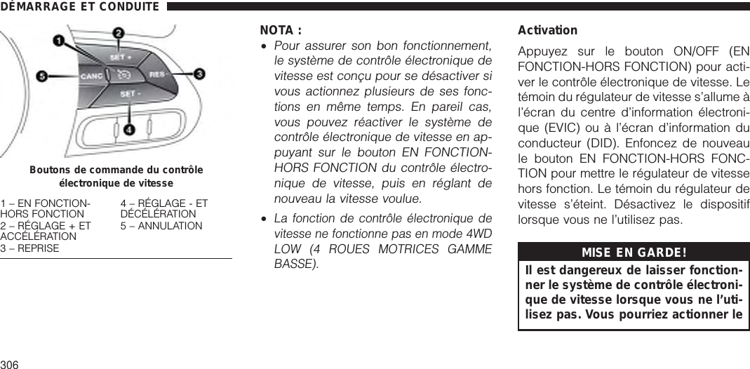 NOTA :•Pour assurer son bon fonctionnement,le système de contrôle électronique devitesse est conçu pour se désactiver sivous actionnez plusieurs de ses fonc-tions en même temps. En pareil cas,vous pouvez réactiver le système decontrôle électronique de vitesse en ap-puyant sur le bouton EN FONCTION-HORS FONCTION du contrôle électro-nique de vitesse, puis en réglant denouveau la vitesse voulue.•La fonction de contrôle électronique devitesse ne fonctionne pas en mode 4WDLOW (4 ROUES MOTRICES GAMMEBASSE).ActivationAppuyez sur le bouton ON/OFF (ENFONCTION-HORS FONCTION) pour acti-ver le contrôle électronique de vitesse. Letémoin du régulateur de vitesse s’allume àl’écran du centre d’information électroni-que (EVIC) ou à l’écran d’information duconducteur (DID). Enfoncez de nouveaule bouton EN FONCTION-HORS FONC-TION pour mettre le régulateur de vitessehors fonction. Le témoin du régulateur devitesse s’éteint. Désactivez le dispositiflorsque vous ne l’utilisez pas.MISE EN GARDE!Il est dangereux de laisser fonction-ner le système de contrôle électroni-que de vitesse lorsque vous ne l’uti-lisez pas. Vous pourriez actionner leBoutons de commande du contrôleélectronique de vitesse1 – EN FONCTION-HORS FONCTION 4 – RÉGLAGE - ETDÉCÉLÉRATION2 – RÉGLAGE + ETACCÉLÉRATION 5 – ANNULATION3 – REPRISEDÉMARRAGE ET CONDUITE306