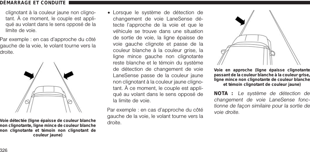 clignotant à la couleur jaune non cligno-tant. À ce moment, le couple est appli-qué au volant dans le sens opposé de lalimite de voie.Par exemple : en cas d’approche du côtégauche de la voie, le volant tourne vers ladroite.•Lorsque le système de détection dechangement de voie LaneSense dé-tecte l’approche de la voie et que levéhicule se trouve dans une situationde sortie de voie, la ligne épaisse devoie gauche clignote et passe de lacouleur blanche à la couleur grise, laligne mince gauche non clignotantereste blanche et le témoin du systèmede détection de changement de voieLaneSense passe de la couleur jaunenon clignotant à la couleur jaune cligno-tant. À ce moment, le couple est appli-qué au volant dans le sens opposé dela limite de voie.Par exemple : en cas d’approche du côtégauche de la voie, le volant tourne vers ladroite.NOTA :Le système de détection dechangement de voie LaneSense fonc-tionne de façon similaire pour la sortie devoie droite.Voie détectée (ligne épaisse de couleur blanchenon clignotante, ligne mince de couleur blanchenon clignotante et témoin non clignotant decouleur jaune)Voie en approche (ligne épaisse clignotantepassant de la couleur blanche à la couleur grise,ligne mince non clignotante de couleur blancheet témoin clignotant de couleur jaune)DÉMARRAGE ET CONDUITE326