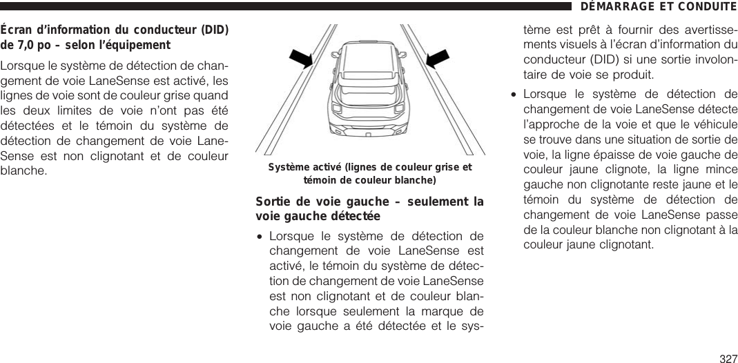 Écran d’information du conducteur (DID)de 7,0 po – selon l’équipementLorsque le système de détection de chan-gement de voie LaneSense est activé, leslignes de voie sont de couleur grise quandles deux limites de voie n’ont pas étédétectées et le témoin du système dedétection de changement de voie Lane-Sense est non clignotant et de couleurblanche.Sortie de voie gauche – seulement lavoie gauche détectée•Lorsque le système de détection dechangement de voie LaneSense estactivé, le témoin du système de détec-tion de changement de voie LaneSenseest non clignotant et de couleur blan-che lorsque seulement la marque devoie gauche a été détectée et le sys-tème est prêt à fournir des avertisse-ments visuels à l’écran d’information duconducteur (DID) si une sortie involon-taire de voie se produit.•Lorsque le système de détection dechangement de voie LaneSense détectel’approche de la voie et que le véhiculese trouve dans une situation de sortie devoie, la ligne épaisse de voie gauche decouleur jaune clignote, la ligne mincegauche non clignotante reste jaune et letémoin du système de détection dechangement de voie LaneSense passede la couleur blanche non clignotant à lacouleur jaune clignotant.Système activé (lignes de couleur grise ettémoin de couleur blanche)DÉMARRAGE ET CONDUITE327