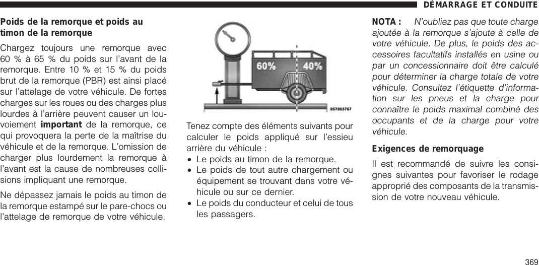 Poids de la remorque et poids autimon de la remorqueChargez toujours une remorque avec60 % à 65 % du poids sur l’avant de laremorque. Entre 10 % et 15 % du poidsbrut de la remorque (PBR) est ainsi placésur l’attelage de votre véhicule. De fortescharges sur les roues ou des charges pluslourdes à l’arrière peuvent causer un lou-voiement important de la remorque, cequi provoquera la perte de la maîtrise duvéhicule et de la remorque. L’omission decharger plus lourdement la remorque àl’avant est la cause de nombreuses colli-sions impliquant une remorque.Ne dépassez jamais le poids au timon dela remorque estampé sur le pare-chocs oul’attelage de remorque de votre véhicule.Tenez compte des éléments suivants pourcalculer le poids appliqué sur l’essieuarrière du véhicule :•Le poids au timon de la remorque.•Le poids de tout autre chargement ouéquipement se trouvant dans votre vé-hicule ou sur ce dernier.•Le poids du conducteur et celui de tousles passagers.NOTA :N’oubliez pas que toute chargeajoutée à la remorque s’ajoute à celle devotre véhicule. De plus, le poids des ac-cessoires facultatifs installés en usine oupar un concessionnaire doit être calculépour déterminer la charge totale de votrevéhicule. Consultez l’étiquette d’informa-tion sur les pneus et la charge pourconnaître le poids maximal combiné desoccupants et de la charge pour votrevéhicule.Exigences de remorquageIl est recommandé de suivre les consi-gnes suivantes pour favoriser le rodageapproprié des composants de la transmis-sion de votre nouveau véhicule.DÉMARRAGE ET CONDUITE369