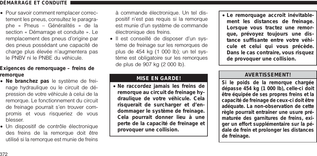 •Pour savoir comment remplacer correc-tement les pneus, consultez le paragra-phe « Pneus – Généralités » de lasection « Démarrage et conduite ». Leremplacement des pneus d’origine pardes pneus possédant une capacité decharge plus élevée n’augmentera pasle PNBV ni le PNBE du véhicule.Exigences de remorquage – freins deremorque•Ne branchez pas le système de frei-nage hydraulique ou le circuit de dé-pression de votre véhicule à celui de laremorque. Le fonctionnement du circuitde freinage pourrait s’en trouver com-promis et vous risqueriez de vousblesser.•Un dispositif de contrôle électroniquedes freins de la remorque doit êtreutilisé si la remorque est munie de freinsà commande électronique. Un tel dis-positif n’est pas requis si la remorqueest munie d’un système de commandeélectronique des freins.•Il est conseillé de disposer d’un sys-tème de freinage sur les remorques deplus de 454 kg (1 000 lb); un tel sys-tème est obligatoire sur les remorquesde plus de 907 kg (2 000 lb).MISE EN GARDE!•Ne raccordez jamais les freins deremorque au circuit de freinage hy-draulique de votre véhicule. Celarisquerait de surcharger et d’en-dommager le système de freinage.Cela pourrait donner lieu à uneperte de la capacité de freinage etprovoquer une collision.•Le remorquage accroît inévitable-ment les distances de freinage.Lorsque vous tractez une remor-que, prévoyez toujours une dis-tance suffisante entre votre véhi-cule et celui qui vous précède.Dans le cas contraire, vous risquezde provoquer une collision.AVERTISSEMENT!Si le poids de la remorque chargéedépasse 454 kg (1 000 lb), celle-ci doitêtre équipée de ses propres freins et lacapacité de freinage de ceux-ci doit êtreadéquate. La non-observation de cetterègle pourrait entraîner une usure pré-maturée des garnitures de freins, exi-ger un effort supplémentaire sur la pé-dale de frein et prolonger les distancesde freinage.DÉMARRAGE ET CONDUITE372