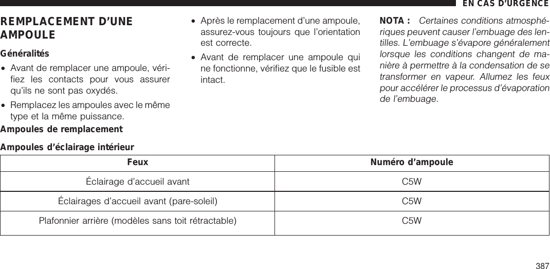 REMPLACEMENT D’UNEAMPOULEGénéralités•Avant de remplacer une ampoule, véri-fiez les contacts pour vous assurerqu’ils ne sont pas oxydés.•Remplacez les ampoules avec le mêmetype et la même puissance.•Après le remplacement d’une ampoule,assurez-vous toujours que l’orientationest correcte.•Avant de remplacer une ampoule quine fonctionne, vérifiez que le fusible estintact.NOTA :Certaines conditions atmosphé-riques peuvent causer l’embuage des len-tilles. L’embuage s’évapore généralementlorsque les conditions changent de ma-nière à permettre à la condensation de setransformer en vapeur. Allumez les feuxpour accélérer le processus d’évaporationde l’embuage.Ampoules de remplacementAmpoules d’éclairage intérieurFeux Numéro d’ampouleÉclairage d’accueil avant C5WÉclairages d’accueil avant (pare-soleil) C5WPlafonnier arrière (modèles sans toit rétractable) C5WEN CAS D’URGENCE387