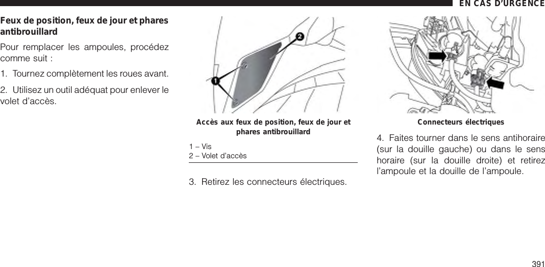 Feux de position, feux de jour et pharesantibrouillardPour remplacer les ampoules, procédezcomme suit :1. Tournez complètement les roues avant.2. Utilisez un outil adéquat pour enlever levolet d’accès.3. Retirez les connecteurs électriques.4. Faites tourner dans le sens antihoraire(sur la douille gauche) ou dans le senshoraire (sur la douille droite) et retirezl’ampoule et la douille de l’ampoule.Accès aux feux de position, feux de jour etphares antibrouillard1–Vis2 – Volet d’accèsConnecteurs électriquesEN CAS D’URGENCE391