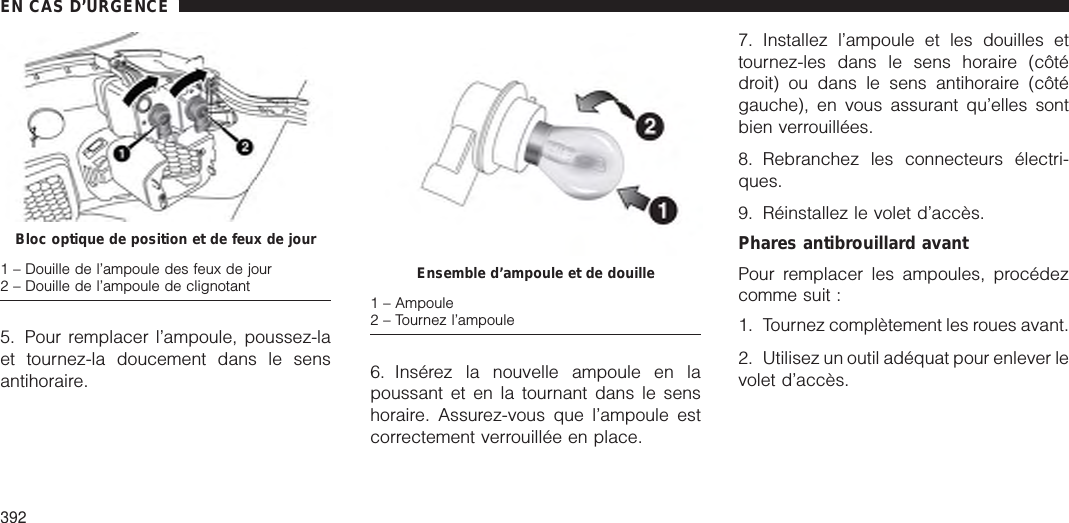 5. Pour remplacer l’ampoule, poussez-laet tournez-la doucement dans le sensantihoraire. 6. Insérez la nouvelle ampoule en lapoussant et en la tournant dans le senshoraire. Assurez-vous que l’ampoule estcorrectement verrouillée en place.7. Installez l’ampoule et les douilles ettournez-les dans le sens horaire (côtédroit) ou dans le sens antihoraire (côtégauche), en vous assurant qu’elles sontbien verrouillées.8. Rebranchez les connecteurs électri-ques.9. Réinstallez le volet d’accès.Phares antibrouillard avantPour remplacer les ampoules, procédezcomme suit :1. Tournez complètement les roues avant.2. Utilisez un outil adéquat pour enlever levolet d’accès.Bloc optique de position et de feux de jour1 – Douille de l’ampoule des feux de jour2 – Douille de l’ampoule de clignotant Ensemble d’ampoule et de douille1 – Ampoule2 – Tournez l’ampouleEN CAS D’URGENCE392