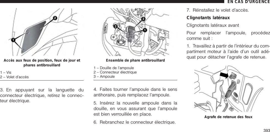 3. En appuyant sur la languette duconnecteur électrique, retirez le connec-teur électrique.4. Faites tourner l’ampoule dans le sensantihoraire, puis remplacez l’ampoule.5. Insérez la nouvelle ampoule dans ladouille, en vous assurant que l’ampouleest bien verrouillée en place.6. Rebranchez le connecteur électrique.7. Réinstallez le volet d’accès.Clignotants latérauxClignotants latéraux avantPour remplacer l’ampoule, procédezcomme suit :1. Travaillez à partir de l’intérieur du com-partiment moteur à l’aide d’un outil adé-quat pour détacher l’agrafe de retenue.Accès aux feux de position, feux de jour etphares antibrouillard1–Vis2 – Volet d’accèsEnsemble de phare antibrouillard1 – Douille de l’ampoule2 – Connecteur électrique3 – AmpouleAgrafe de retenue des feuxEN CAS D’URGENCE393