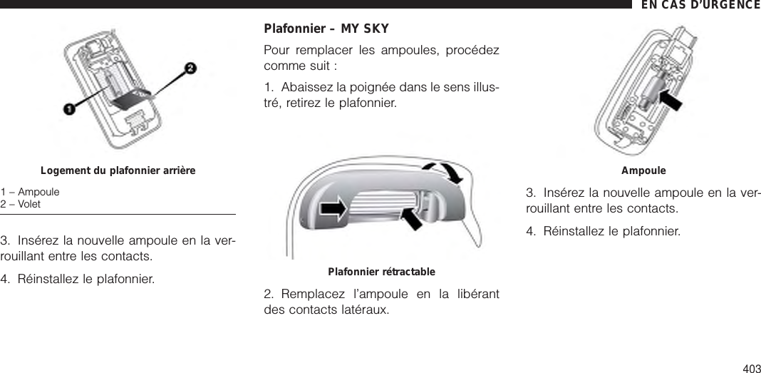 3. Insérez la nouvelle ampoule en la ver-rouillant entre les contacts.4. Réinstallez le plafonnier.Plafonnier – MY SKYPour remplacer les ampoules, procédezcomme suit :1. Abaissez la poignée dans le sens illus-tré, retirez le plafonnier.2. Remplacez l’ampoule en la libérantdes contacts latéraux.3. Insérez la nouvelle ampoule en la ver-rouillant entre les contacts.4. Réinstallez le plafonnier.Logement du plafonnier arrière1 – Ampoule2 – VoletPlafonnier rétractableAmpouleEN CAS D’URGENCE403