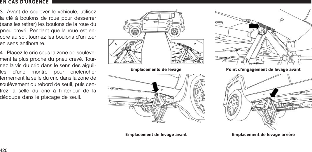 3. Avant de soulever le véhicule, utilisezla clé à boulons de roue pour desserrer(sans les retirer) les boulons de la roue dupneu crevé. Pendant que la roue est en-core au sol, tournez les boulons d’un touren sens antihoraire.4. Placez le cric sous la zone de soulève-ment la plus proche du pneu crevé. Tour-nez la vis du cric dans le sens des aiguil-les d’une montre pour enclencherfermement la selle du cric dans la zone desoulèvement du rebord de seuil, puis cen-trez la selle du cric à l’intérieur de ladécoupe dans le placage de seuil.Emplacements de levageEmplacement de levage avantPoint d’engagement de levage avantEmplacement de levage arrièreEN CAS D’URGENCE420