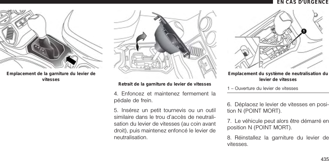 4. Enfoncez et maintenez fermement lapédale de frein.5. Insérez un petit tournevis ou un outilsimilaire dans le trou d’accès de neutrali-sation du levier de vitesses (au coin avantdroit), puis maintenez enfoncé le levier deneutralisation.6. Déplacez le levier de vitesses en posi-tion N (POINT MORT).7. Le véhicule peut alors être démarré enposition N (POINT MORT).8. Réinstallez la garniture du levier devitesses.Emplacement de la garniture du levier devitesses Retrait de la garniture du levier de vitessesEmplacement du système de neutralisation dulevier de vitesses1 – Ouverture du levier de vitessesEN CAS D’URGENCE435