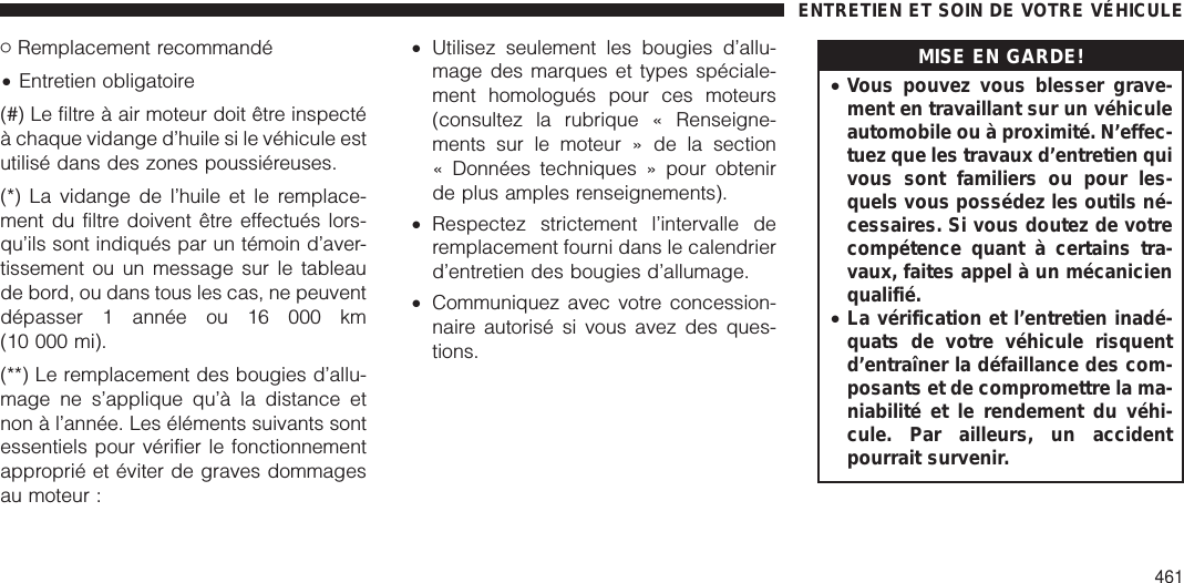 䡩Remplacement recommandé•Entretien obligatoire(#) Le filtre à air moteur doit être inspectéà chaque vidange d’huile si le véhicule estutilisé dans des zones poussiéreuses.(*) La vidange de l’huile et le remplace-ment du filtre doivent être effectués lors-qu’ils sont indiqués par un témoin d’aver-tissement ou un message sur le tableaude bord, ou dans tous les cas, ne peuventdépasser 1 année ou 16 000 km(10 000 mi).(**) Le remplacement des bougies d’allu-mage ne s’applique qu’à la distance etnon à l’année. Les éléments suivants sontessentiels pour vérifier le fonctionnementapproprié et éviter de graves dommagesau moteur :•Utilisez seulement les bougies d’allu-mage des marques et types spéciale-ment homologués pour ces moteurs(consultez la rubrique « Renseigne-ments sur le moteur » de la section« Données techniques » pour obtenirde plus amples renseignements).•Respectez strictement l’intervalle deremplacement fourni dans le calendrierd’entretien des bougies d’allumage.•Communiquez avec votre concession-naire autorisé si vous avez des ques-tions.MISE EN GARDE!•Vous pouvez vous blesser grave-ment en travaillant sur un véhiculeautomobile ou à proximité. N’effec-tuez que les travaux d’entretien quivous sont familiers ou pour les-quels vous possédez les outils né-cessaires. Si vous doutez de votrecompétence quant à certains tra-vaux, faites appel à un mécanicienqualifié.•La vérification et l’entretien inadé-quats de votre véhicule risquentd’entraîner la défaillance des com-posants et de compromettre la ma-niabilité et le rendement du véhi-cule. Par ailleurs, un accidentpourrait survenir.ENTRETIEN ET SOIN DE VOTRE VÉHICULE461