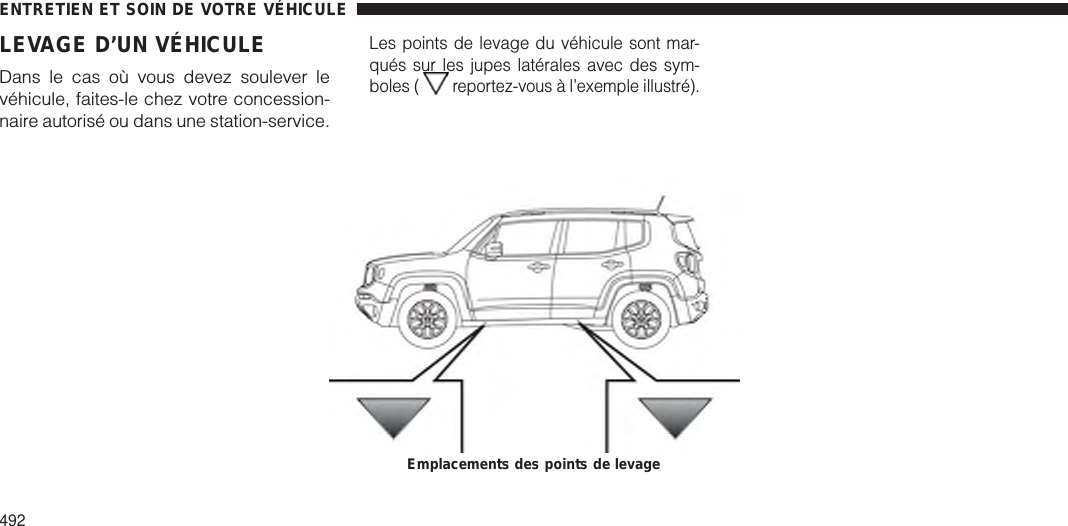 LEVAGE D’UN VÉHICULEDans le cas où vous devez soulever levéhicule, faites-le chez votre concession-naire autorisé ou dans une station-service.Les points de levage du véhicule sont mar-qués sur les jupes latérales avec des sym-boles (reportez-vous à l’exemple illustré).Emplacements des points de levageENTRETIEN ET SOIN DE VOTRE VÉHICULE492