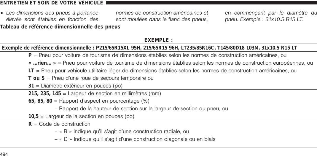 •Les dimensions des pneus à portanceélevée sont établies en fonction desnormes de construction américaines etsont moulées dans le flanc des pneus,en commençant par le diamètre dupneu. Exemple : 31x10.5 R15 LT.Tableau de référence dimensionnelle des pneusEXEMPLE :Exemple de référence dimensionnelle : P215/65R15XL 95H, 215/65R15 96H, LT235/85R16C, T145/80D18 103M, 31x10.5 R15 LTP= Pneu pour voiture de tourisme de dimensions établies selon les normes de construction américaines, ou« ...rien... » = Pneu pour voiture de tourisme de dimensions établies selon les normes de construction européennes, ouLT = Pneu pour véhicule utilitaire léger de dimensions établies selon les normes de construction américaines, ouTouS= Pneu d’une roue de secours temporaire ou31 = Diamètre extérieur en pouces (po)215, 235, 145 = Largeur de section en millimètres (mm)65, 85, 80 = Rapport d’aspect en pourcentage (%)– Rapport de la hauteur de section sur la largeur de section du pneu, ou10,5 = Largeur de la section en pouces (po)R= Code de construction–«R»indique qu’il s’agit d’une construction radiale, ou–«D»indique qu’il s’agit d’une construction diagonale ou en biaisENTRETIEN ET SOIN DE VOTRE VÉHICULE494