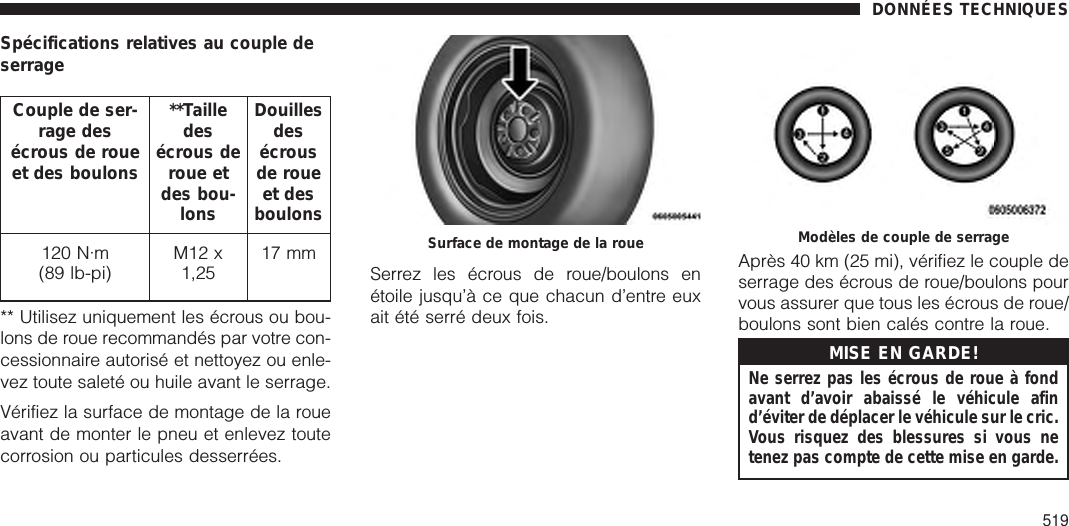 Spécifications relatives au couple deserrageCouple de ser-rage desécrous de roueet des boulons**Tailledesécrous deroue etdes bou-lonsDouillesdesécrousde roueet desboulons120 N·m(89 lb-pi)M12 x1,2517 mm** Utilisez uniquement les écrous ou bou-lons de roue recommandés par votre con-cessionnaire autorisé et nettoyez ou enle-vez toute saleté ou huile avant le serrage.Vérifiez la surface de montage de la roueavant de monter le pneu et enlevez toutecorrosion ou particules desserrées.Serrez les écrous de roue/boulons enétoile jusqu’à ce que chacun d’entre euxait été serré deux fois.Après 40 km (25 mi), vérifiez le couple deserrage des écrous de roue/boulons pourvous assurer que tous les écrous de roue/boulons sont bien calés contre la roue.MISE EN GARDE!Ne serrez pas les écrous de roue à fondavant d’avoir abaissé le véhicule afind’éviter de déplacer le véhicule sur le cric.Vous risquez des blessures si vous netenez pas compte de cette mise en garde.Surface de montage de la roue Modèles de couple de serrageDONNÉES TECHNIQUES519