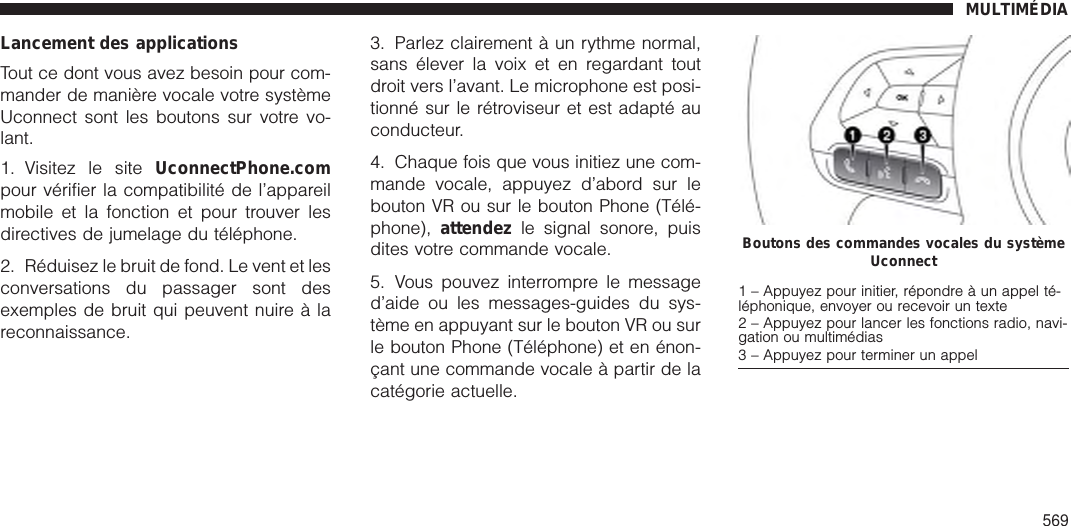 Lancement des applicationsTout ce dont vous avez besoin pour com-mander de manière vocale votre systèmeUconnect sont les boutons sur votre vo-lant.1. Visitez le site UconnectPhone.compour vérifier la compatibilité de l’appareilmobile et la fonction et pour trouver lesdirectives de jumelage du téléphone.2. Réduisez le bruit de fond. Le vent et lesconversations du passager sont desexemples de bruit qui peuvent nuire à lareconnaissance.3. Parlez clairement à un rythme normal,sans élever la voix et en regardant toutdroit vers l’avant. Le microphone est posi-tionné sur le rétroviseur et est adapté auconducteur.4. Chaque fois que vous initiez une com-mande vocale, appuyez d’abord sur lebouton VR ou sur le bouton Phone (Télé-phone), attendez le signal sonore, puisdites votre commande vocale.5. Vous pouvez interrompre le messaged’aide ou les messages-guides du sys-tème en appuyant sur le bouton VR ou surle bouton Phone (Téléphone) et en énon-çant une commande vocale à partir de lacatégorie actuelle.Boutons des commandes vocales du systèmeUconnect1 – Appuyez pour initier, répondre à un appel té-léphonique, envoyer ou recevoir un texte2 – Appuyez pour lancer les fonctions radio, navi-gation ou multimédias3 – Appuyez pour terminer un appelMULTIMÉDIA569