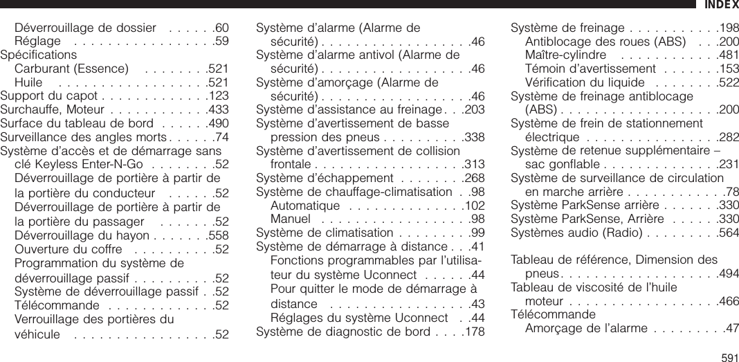 Déverrouillage de dossier ......60Réglage .................59SpécificationsCarburant (Essence) ........521Huile ..................521Support du capot .............123Surchauffe, Moteur ............433Surface du tableau de bord ......490Surveillance des angles morts ......74Système d’accès et de démarrage sansclé Keyless Enter-N-Go ........52Déverrouillage de portière à partir dela portière du conducteur ......52Déverrouillage de portière à partir dela portière du passager .......52Déverrouillage du hayon .......558Ouverture du coffre ..........52Programmation du système dedéverrouillage passif ..........52Système de déverrouillage passif . .52Télécommande .............52Verrouillage des portières duvéhicule .................52Système d’alarme (Alarme desécurité) ..................46Système d’alarme antivol (Alarme desécurité) ..................46Système d’amorçage (Alarme desécurité) ..................46Système d’assistance au freinage. . .203Système d’avertissement de bassepression des pneus ..........338Système d’avertissement de collisionfrontale ..................313Système d’échappement ........268Système de chauffage-climatisation . .98Automatique ..............102Manuel ..................98Système de climatisation .........99Système de démarrage à distance . . .41Fonctions programmables par l’utilisa-teur du système Uconnect ......44Pour quitter le mode de démarrage àdistance .................43Réglages du système Uconnect . .44Système de diagnostic de bord . . . .178Système de freinage ...........198Antiblocage des roues (ABS) . . .200Maître-cylindre ............481Témoin d’avertissement .......153Vérification du liquide ........522Système de freinage antiblocage(ABS) ...................200Système de frein de stationnementélectrique ................282Système de retenue supplémentaire –sac gonflable ..............231Système de surveillance de circulationen marche arrière ............78Système ParkSense arrière .......330Système ParkSense, Arrière ......330Systèmes audio (Radio) .........564Tableau de référence, Dimension despneus...................494Tableau de viscosité de l’huilemoteur ..................466TélécommandeAmorçage de l’alarme .........47INDEX591