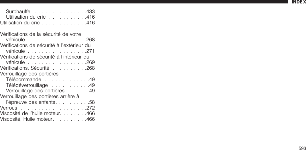 Surchauffe ...............433Utilisation du cric ...........416Utilisation du cric .............416Vérifications de la sécurité de votrevéhicule .................268Vérifications de sécurité à l’extérieur duvéhicule .................271Vérifications de sécurité à l’intérieur duvéhicule .................269Vérifications, Sécurité ..........268Verrouillage des portièresTélécommande .............49Télédéverrouillage ...........49Verrouillage des portières .......49Verrouillage des portières arrière àl’épreuve des enfants..........58Verrous ...................272Viscosité de l’huile moteur........466Viscosité, Huile moteur..........466INDEX593