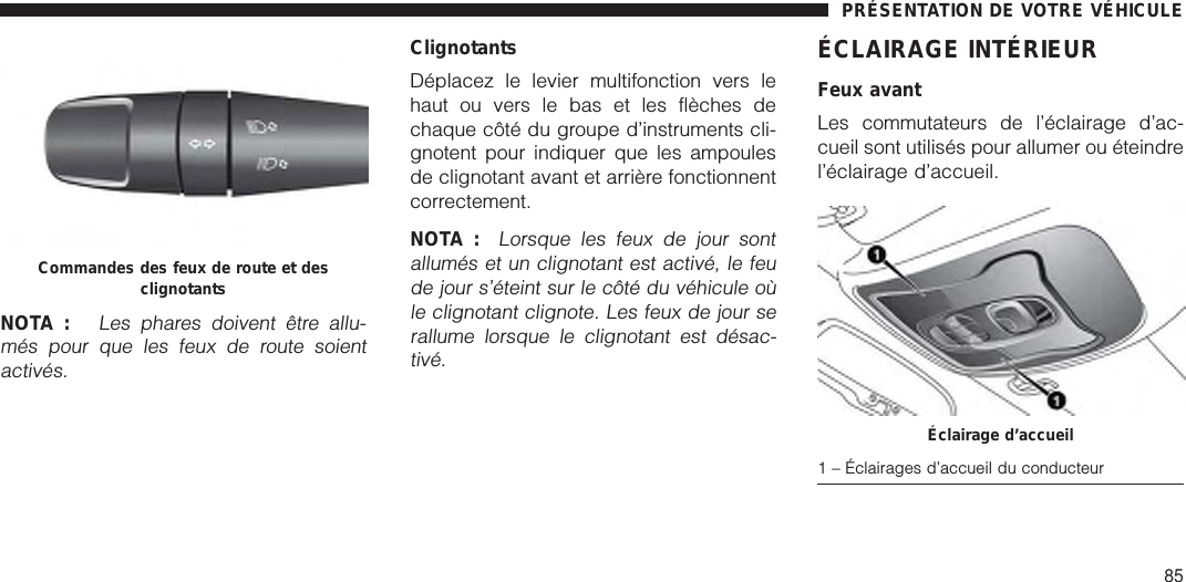 NOTA :Les phares doivent être allu-més pour que les feux de route soientactivés.ClignotantsDéplacez le levier multifonction vers lehaut ou vers le bas et les flèches dechaque côté du groupe d’instruments cli-gnotent pour indiquer que les ampoulesde clignotant avant et arrière fonctionnentcorrectement.NOTA :Lorsque les feux de jour sontallumés et un clignotant est activé, le feude jour s’éteint sur le côté du véhicule oùle clignotant clignote. Les feux de jour serallume lorsque le clignotant est désac-tivé.ÉCLAIRAGE INTÉRIEURFeux avantLes commutateurs de l’éclairage d’ac-cueil sont utilisés pour allumer ou éteindrel’éclairage d’accueil.Commandes des feux de route et desclignotantsÉclairage d’accueil1 – Éclairages d’accueil du conducteurPRÉSENTATION DE VOTRE VÉHICULE85