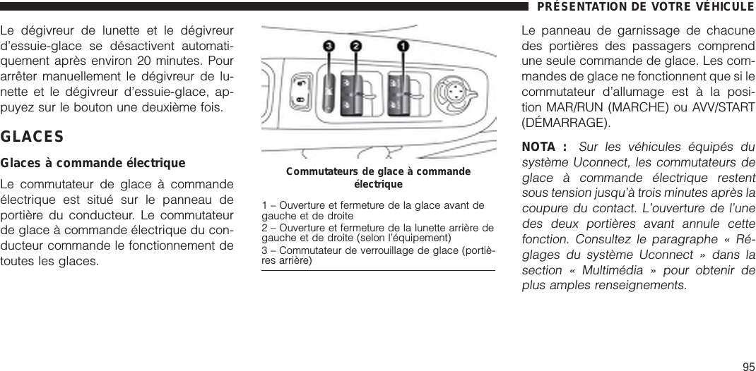 Le dégivreur de lunette et le dégivreurd’essuie-glace se désactivent automati-quement après environ 20 minutes. Pourarrêter manuellement le dégivreur de lu-nette et le dégivreur d’essuie-glace, ap-puyez sur le bouton une deuxième fois.GLACESGlaces à commande électriqueLe commutateur de glace à commandeélectrique est situé sur le panneau deportière du conducteur. Le commutateurde glace à commande électrique du con-ducteur commande le fonctionnement detoutes les glaces.Le panneau de garnissage de chacunedes portières des passagers comprendune seule commande de glace. Les com-mandes de glace ne fonctionnent que si lecommutateur d’allumage est à la posi-tion MAR/RUN (MARCHE) ou AVV/START(DÉMARRAGE).NOTA :Sur les véhicules équipés dusystème Uconnect, les commutateurs deglace à commande électrique restentsous tension jusqu’à trois minutes après lacoupure du contact. L’ouverture de l’unedes deux portières avant annule cettefonction. Consultez le paragraphe « Ré-glages du système Uconnect » dans lasection « Multimédia » pour obtenir deplus amples renseignements.Commutateurs de glace à commandeélectrique1 – Ouverture et fermeture de la glace avant degauche et de droite2 – Ouverture et fermeture de la lunette arrière degauche et de droite (selon l’équipement)3 – Commutateur de verrouillage de glace (portiè-res arrière)PRÉSENTATION DE VOTRE VÉHICULE95