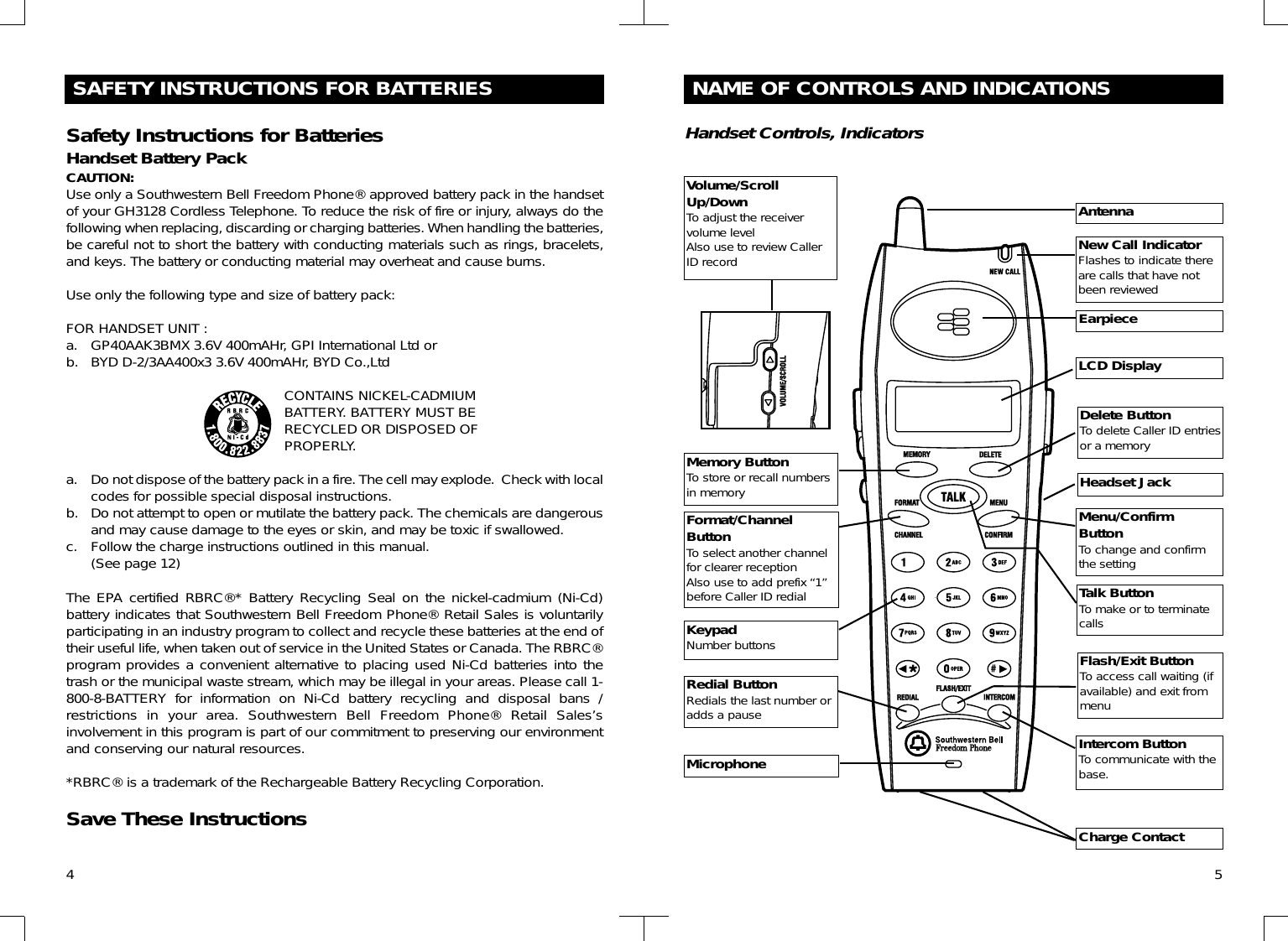 4SAFETY INSTRUCTIONS FOR BATTERIESSafety Instructions for BatteriesHandset Battery PackCAUTION:Use only a Southwestern Bell Freedom Phone® approved battery pack in the handsetof your GH3128 Cordless Telephone. To reduce the risk of fire or injury, always do thefollowing when replacing, discarding or charging batteries. When handling the batteries,be careful not to short the battery with conducting materials such as rings, bracelets,and keys. The battery or conducting material may overheat and cause burns.Use only the following type and size of battery pack:FOR HANDSET UNIT :a. GP40AAK3BMX 3.6V 400mAHr, GPI International Ltd orb. BYD D-2/3AA400x3 3.6V 400mAHr, BYD Co.,Ltda. Do not dispose of the battery pack in a fire. The cell may explode.  Check with localcodes for possible special disposal instructions.b. Do not attempt to open or mutilate the battery pack. The chemicals are dangerousand may cause damage to the eyes or skin, and may be toxic if swallowed.c. Follow the charge instructions outlined in this manual.(See page 12)The EPA certified RBRC®* Battery Recycling Seal on the nickel-cadmium (Ni-Cd)battery indicates that Southwestern Bell Freedom Phone® Retail Sales is voluntarilyparticipating in an industry program to collect and recycle these batteries at the end oftheir useful life, when taken out of service in the United States or Canada. The RBRC®program provides a convenient alternative to placing used Ni-Cd batteries into thetrash or the municipal waste stream, which may be illegal in your areas. Please call 1-800-8-BATTERY for information on Ni-Cd battery recycling and disposal bans /restrictions in your area. Southwestern Bell Freedom Phone® Retail Sales’sinvolvement in this program is part of our commitment to preserving our environmentand conserving our natural resources.*RBRC® is a trademark of the Rechargeable Battery Recycling Corporation.Save These InstructionsCONTAINS NICKEL-CADMIUMBATTERY. BATTERY MUST BERECYCLED OR DISPOSED OFPROPERLY.5NAME OF CONTROLS AND INDICATIONSHandset Controls, IndicatorsAntennaEarpieceLCD DisplayNew Call IndicatorFlashes to indicate thereare calls that have notbeen reviewedMemory ButtonTo store or recall numbersin memoryDelete ButtonTo delete Caller ID entriesor a memoryRedial ButtonRedials the last number oradds a pauseFlash/Exit ButtonTo access call waiting (ifavailable) and exit frommenuMicrophoneVolume/ScrollUp/DownTo adjust the receivervolume levelAlso use to review CallerID recordTalk ButtonTo make or to terminatecallsKeypadNumber buttonsFormat/ChannelButtonTo select another channelfor clearer receptionAlso use to add prefix “1”before Caller ID redialIntercom ButtonTo communicate with thebase.Headset JackCharge ContactMenu/ConfirmButtonTo change and confirmthe setting