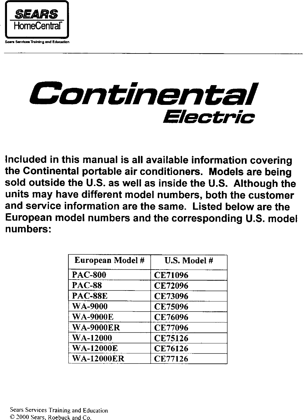 Continental Ce71096 User Manual Air Conditioner Manuals