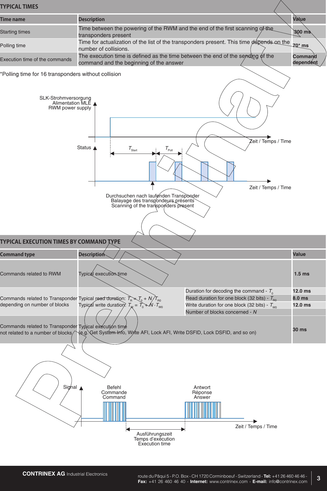CONTRINEX AG Industrial Electronics route du P&acirc;qui 5 - P.O. Box - CH 1720 Corminboeuf - Switzerland - Tel: +41 26 460 46 46 -  Fax: +41 26 460 46 40 - Internet: www.contrinex.com - E-mail: info@contrinex.com 3*Polling time for 16 transponders without collisionTYPICAL TIMESTime name Description ValueStarting times Time between the powering of the RWM and the end of the first scanning of the transponders present  300 msPolling time Time for actualization of the list of the transponders present. This time depends on the number of collisions. 70* msExecution time of the commands The execution time is defined as the time between the end of the sending of the command and the beginning of the answerCommand dependentTYPICAL EXECUTION TIMES BY COMMAND TYPECommand type Description ValueCommands related to RWM Typical execution time  1.5 msCommands related to Transponder depending on number of blocksTypical read duration: TR = T0 + N &middot;TR0Typical write duration: TW = T0 + N &middot;TW0Duration for decoding the command - T012.0 msRead duration for one block (32 bits) - TR0 8.0 msWrite duration for one block (32 bits) - TW0 12.0 msNumber of blocks concerned - NCommands related to Transponder not related to a number of blocksTypical execution time (e.g. Get System Info, Write AFI, Lock AFI, Write DSFID, Lock DSFID, and so on) 30 msZeit / Temps / TimeZeit / Temps / TimeSLK-StrohmversorgungAlimentation MLERWM power supplyStatusDurchsuchen nach laufenden TransponderBalayage des transpondeurs pr&eacute;sentsScanning of the transponders presentTStart TPollBefehlCommandeCommandAntwortR&eacute;ponseAnswerSignalZeit / Temps / TimeAusf&uuml;hrungszeitTemps d'ex&eacute;cutionExecution time