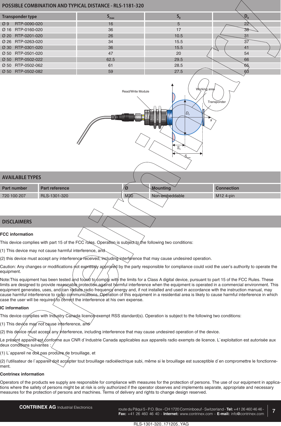 CONTRINEX AG Industrial Electronics route du P&acirc;qui 5 - P.O. Box - CH 1720 Corminboeuf - Switzerland - Tel: +41 26 460 46 46 -  Fax: +41 26 460 46 40 - Internet: www.contrinex.com - E-mail: info@contrinex.com 7RLS-1301-320_171205_YAGAVAILABLE TYPES Part number Part reference  &Oslash;  Mounting  Connection720 100 207 RLS-1301-320 M30 Non-embeddable M12 4-pinFCC informationThis device complies with part 15 of the FCC rules. Operation is subject to the following two conditions: (1) This device may not cause harmful interference, and (2) this device must accept any interference received, including interference that may cause undesired operation. Caution: Any changes or modifications not expressly approved by the party responsible for compliance could void the user&rsquo;s authority to operate the equipment.Note:This equipment has been tested and found to comply with the limits for a Class A digital device, pursuant to part 15 of the FCC Rules. These limits are designed to provide reasonable protection against harmful interference when the equipment is operated in a commercial environment. This equipment generates, uses, and can radiate radio frequency energy and, if not installed and used in accordance with the instruction manual, may cause harmful interference to radio communications. Operation of this equipment in a residential area is likely to cause harmful interference in which case the user will be required to correct the interference at his own expense.IC informationThis device complies with Industry Canada licence-exempt RSS standard(s). Operation is subject to the following two conditions: (1) This device may not cause interference, and (2) this device must accept any interference, including interference that may cause undesired operation of the device. Le pr&eacute;sent appareil est conforme aux CNR d`Industrie Canada applicables aux appareils radio exempts de licence. L`exploitation est autoris&eacute;e aux deux conditions suivantes : (1) L`appareil ne doit pas produire de brouillage, et (2) l&rsquo;utilisateur de l`appareil doit accepter tout brouillage radio&eacute;lectrique subi, m&ecirc;me si le brouillage est susceptible d`en compromettre le fonctionne-ment.Contrinex informationOperators of the products we supply are responsible for compliance with measures for the protection of persons. The use of our equipment in applica-tions where the safety of persons might be at risk is only authorized if the operator observes and implements separate, appropriate and necessary measures for the protection of persons and machines. Terms of delivery and rights to change design reserved.DISCLAIMERSPOSSIBLE COMBINATION AND TYPICAL DISTANCE - RLS-1181-320Transponder type Smax S0D0&Oslash; 9     RTP-0090-020 16 5 22&Oslash; 16   RTP-0160-020 36 17 38&Oslash; 20   RTP-0201-020 26 10.5 31&Oslash; 26   RTP-0263-020 34 15.5 37&Oslash; 30   RTP-0301-020 36 15.5 41&Oslash; 50   RTP-0501-020 47 20 54&Oslash; 50   RTP-0502-022 62.5 29.5 66&Oslash; 50   RTP-0502-062 61 28.5 65&Oslash; 50   RTP-0502-082 59 27.5 63RLLS--133011-0000D0S0xySmaxRead/Write Module Working areaTransponder