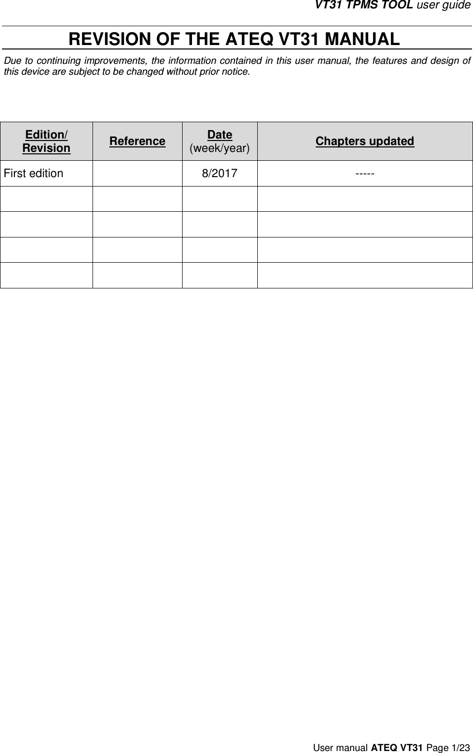 VT31 TPMS TOOL user guide User manual ATEQ VT31 Page 1/23 REVISION OF THE ATEQ VT31 MANUALDue to continuing improvements, the information contained in this user manual, the features and design of this device are subject to be changed without prior notice. Edition/ Revision Reference  Date (week/year) Chapters updated First edition  8/2017  ----- 