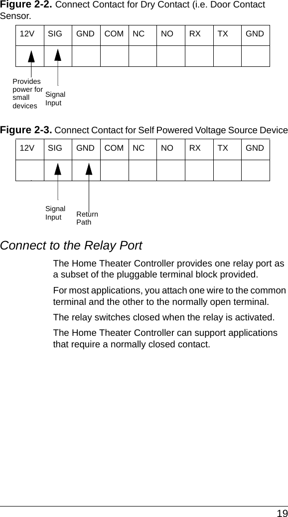  19Figure 2-2. Connect Contact for Dry Contact (i.e. Door Contact Sensor.Figure 2-3. Connect Contact for Self Powered Voltage Source DeviceConnect to the Relay PortThe Home Theater Controller provides one relay port as a subset of the pluggable terminal block provided. For most applications, you attach one wire to the common terminal and the other to the normally open terminal. The relay switches closed when the relay is activated. The Home Theater Controller can support applications that require a normally closed contact.12V SIG GND COM NC NO RX TX GND ProvidesSignalInput ReturnPathpower forsmalldevices12V SIG GND COM NC NO RX TX GND SignalInput ReturnPath