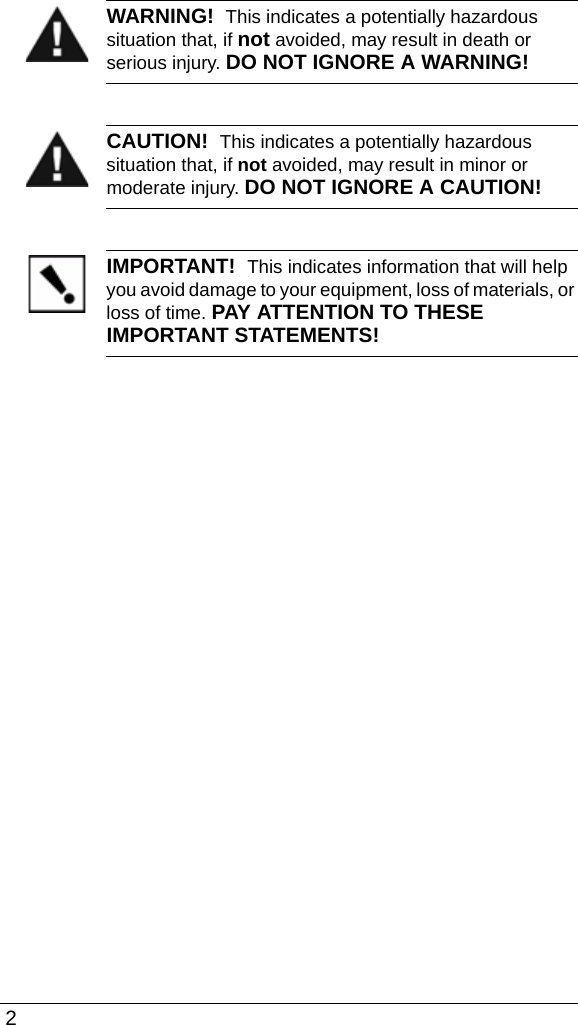  2WARNING!  This indicates a potentially hazardous situation that, if not avoided, may result in death or serious injury. DO NOT IGNORE A WARNING!CAUTION!  This indicates a potentially hazardous situation that, if not avoided, may result in minor or moderate injury. DO NOT IGNORE A CAUTION!IMPORTANT!  This indicates information that will help you avoid damage to your equipment, loss of materials, or loss of time. PAY ATTENTION TO THESE IMPORTANT STATEMENTS!